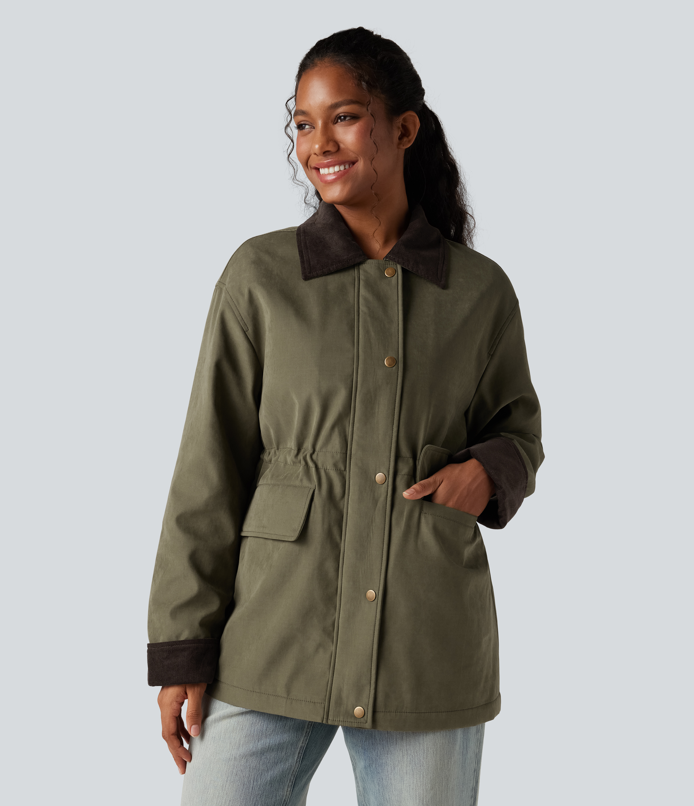 Army Green Long Sleeve Casual Barn Jacket with Pockets / 2