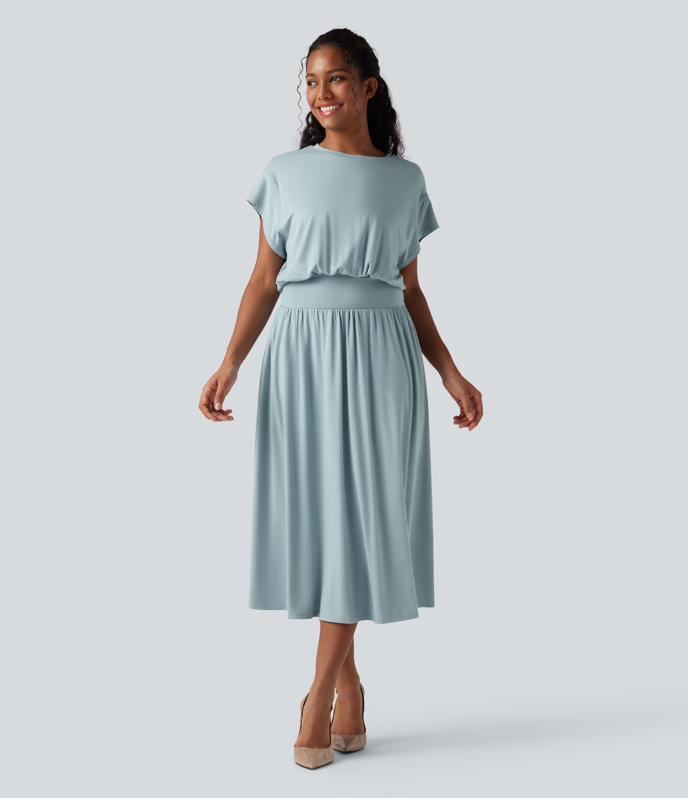 Tummy Control Batwing Sleeve Flowy Midi Work Dress with Pockets