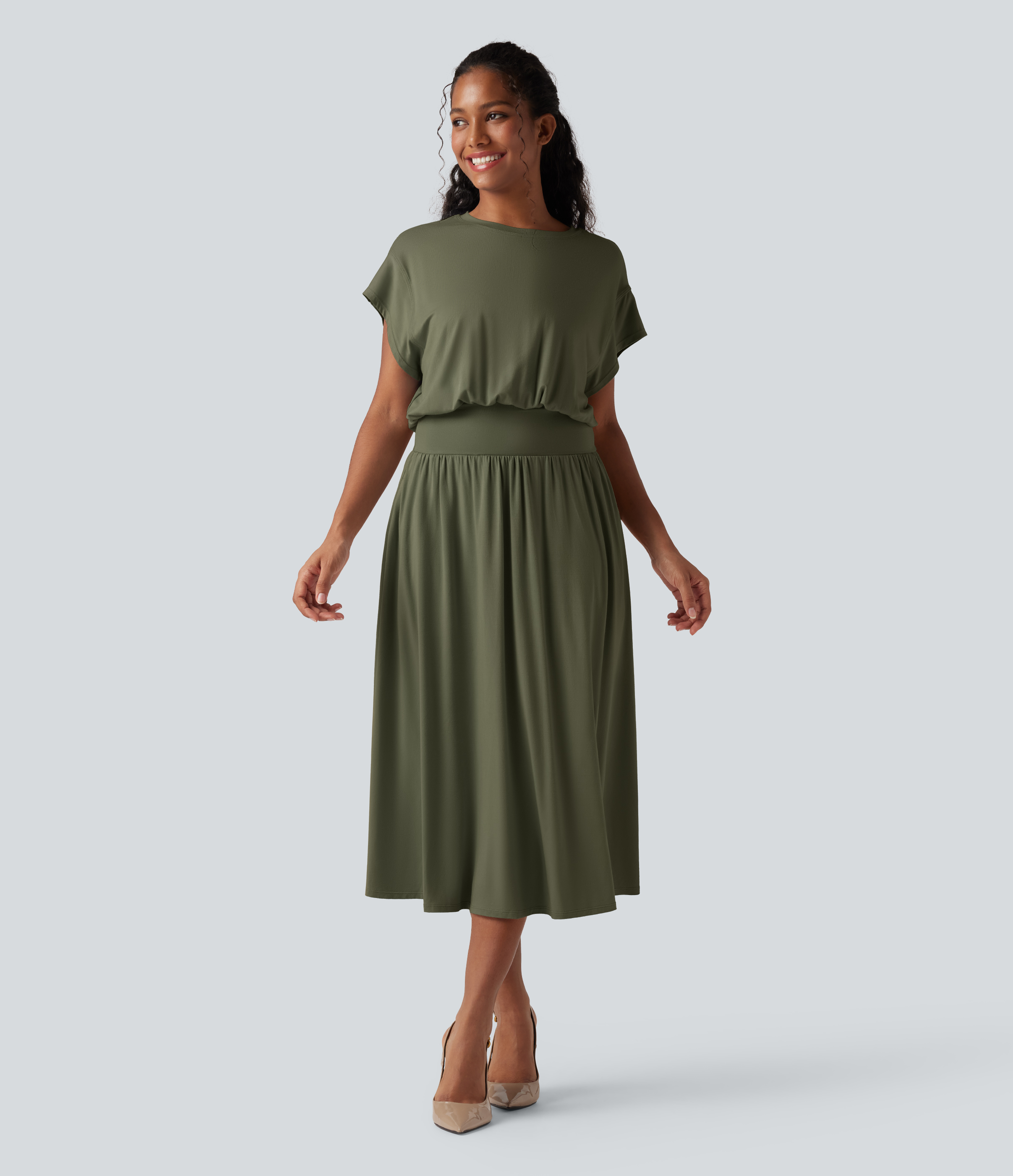 Tummy Control Batwing Sleeve Flowy Midi Work Dress with Pockets