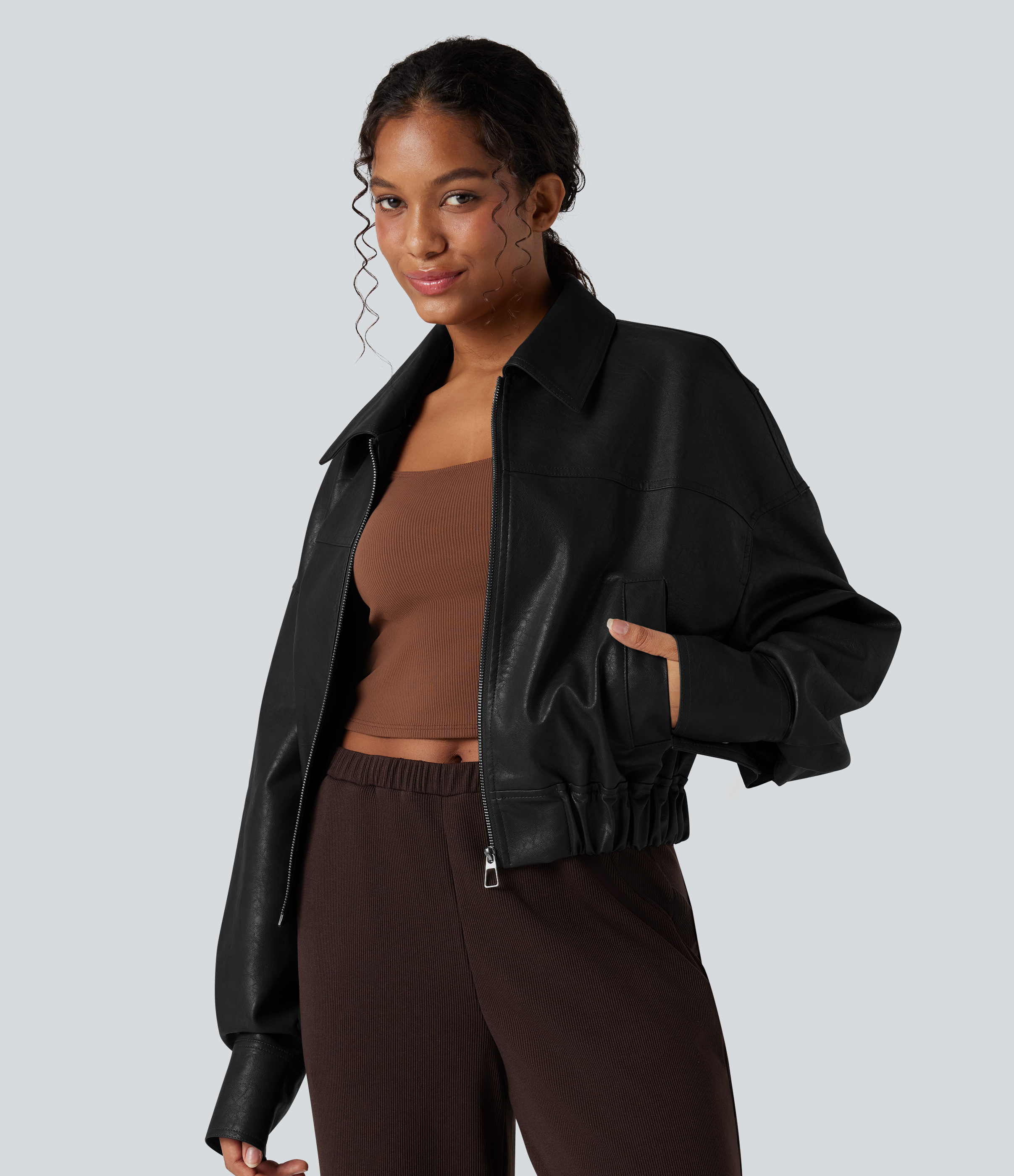 Zipper Long Sleeve Casual Faux Leather Jacket with Pockets
