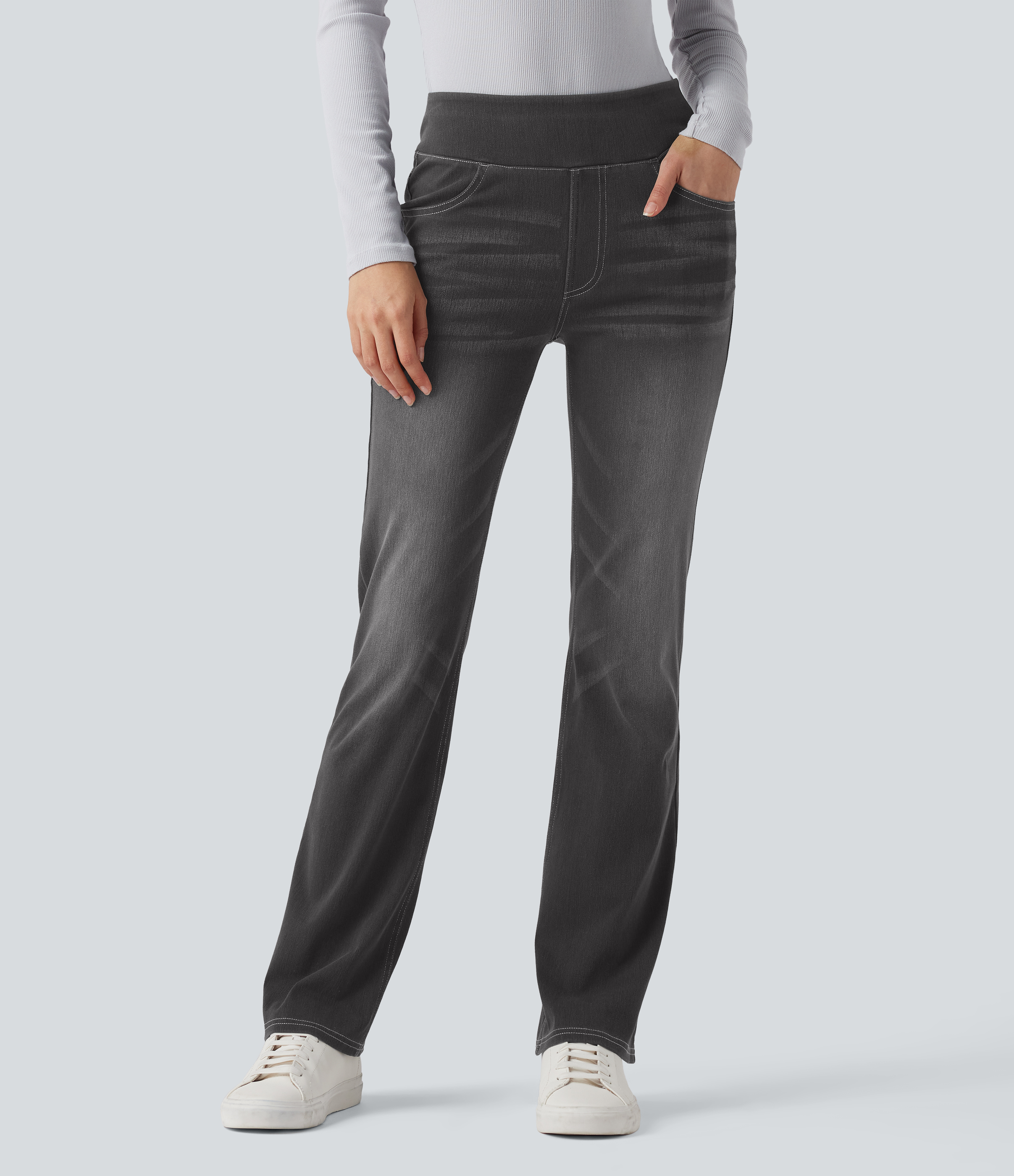 Halara Flex™ Verwaschene Bootcut-Jeans aus elastischem Strick-Denim mit hohem Bund und mehrere Taschen