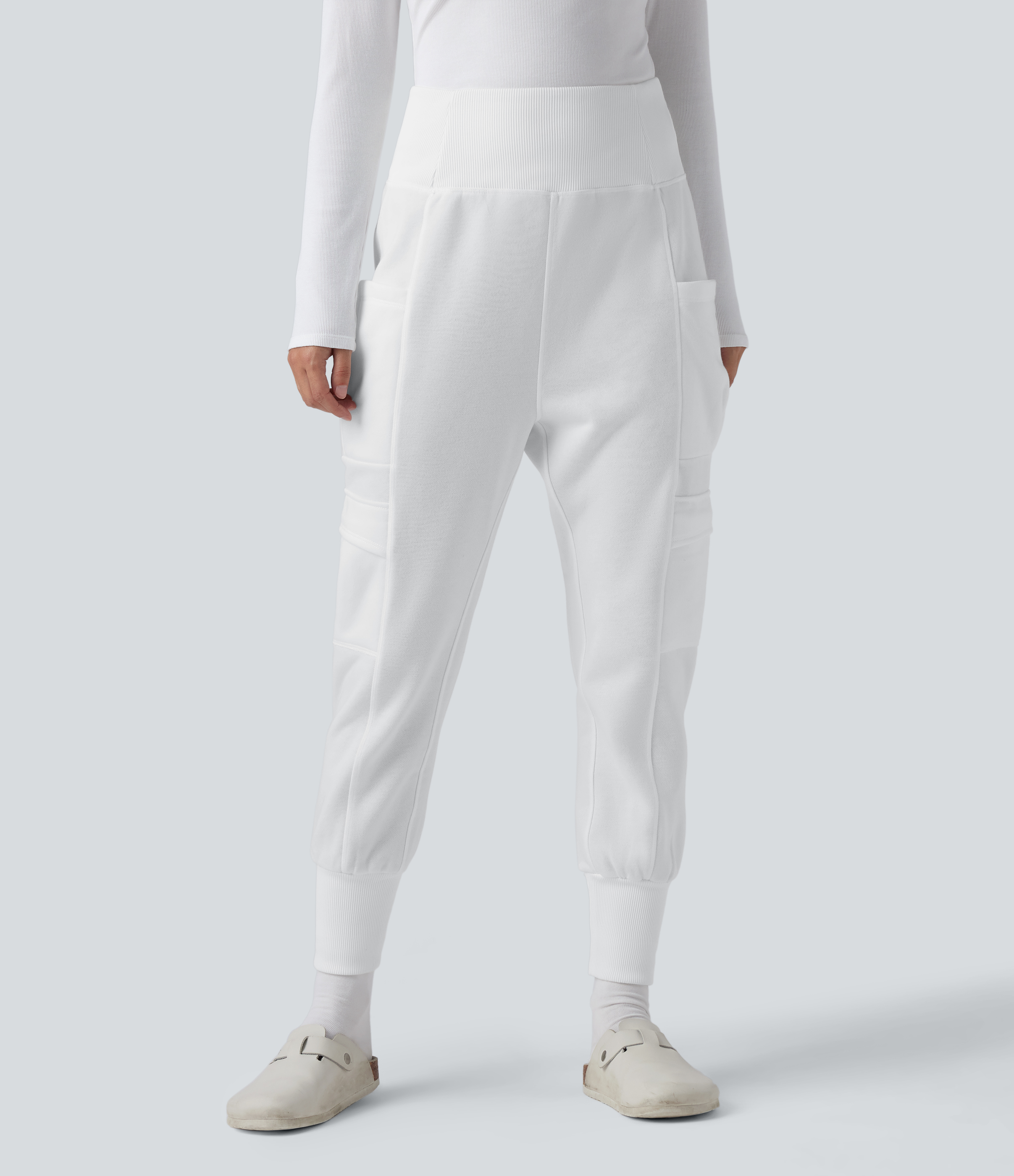 High Waisted Foldover Pocket Harem Fleece Casual Cargo Joggers