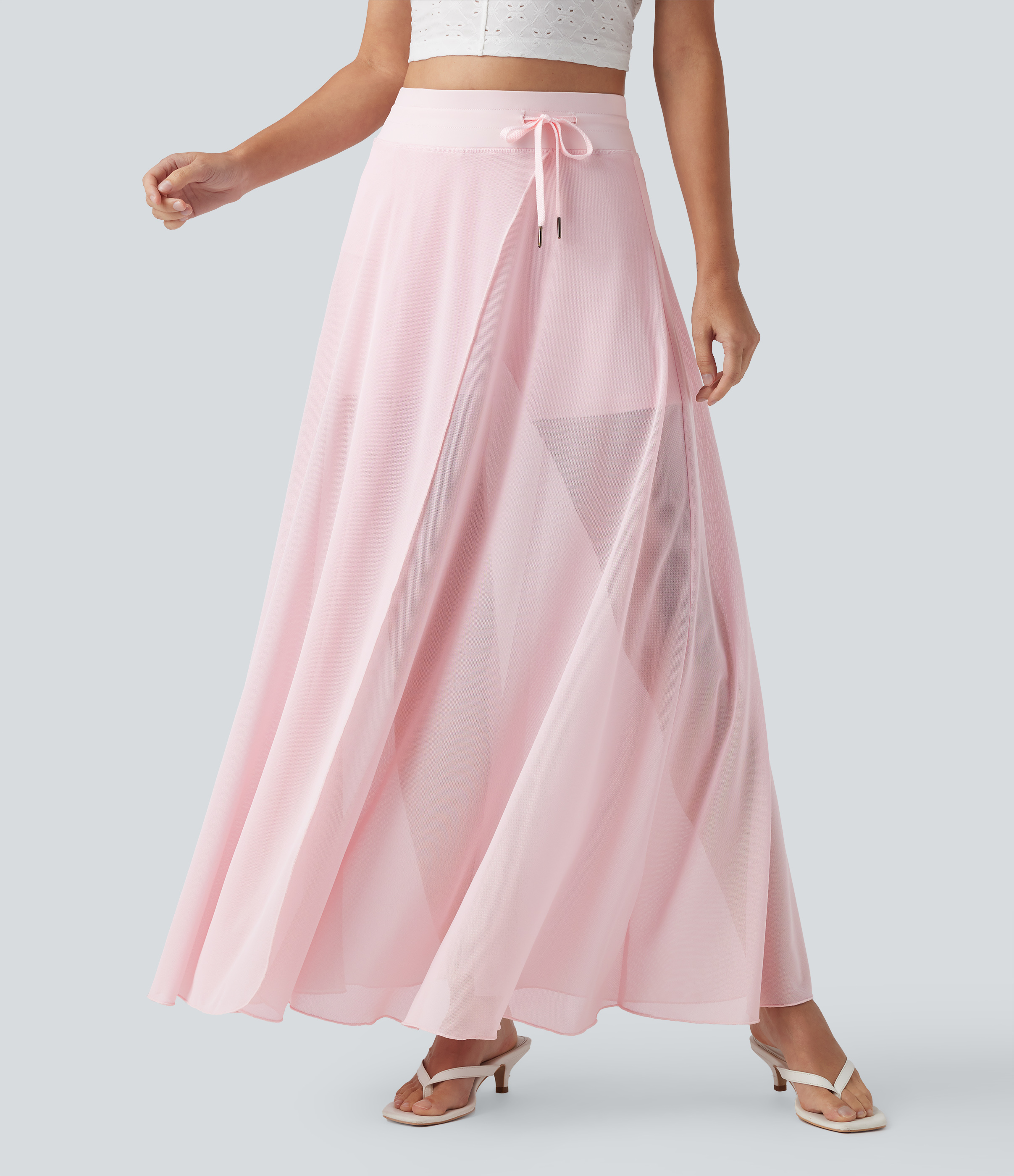 High Waisted Drawstring Contrast Mesh 2-in-1 Pocket Flowy Maxi Flare Casual Skirt