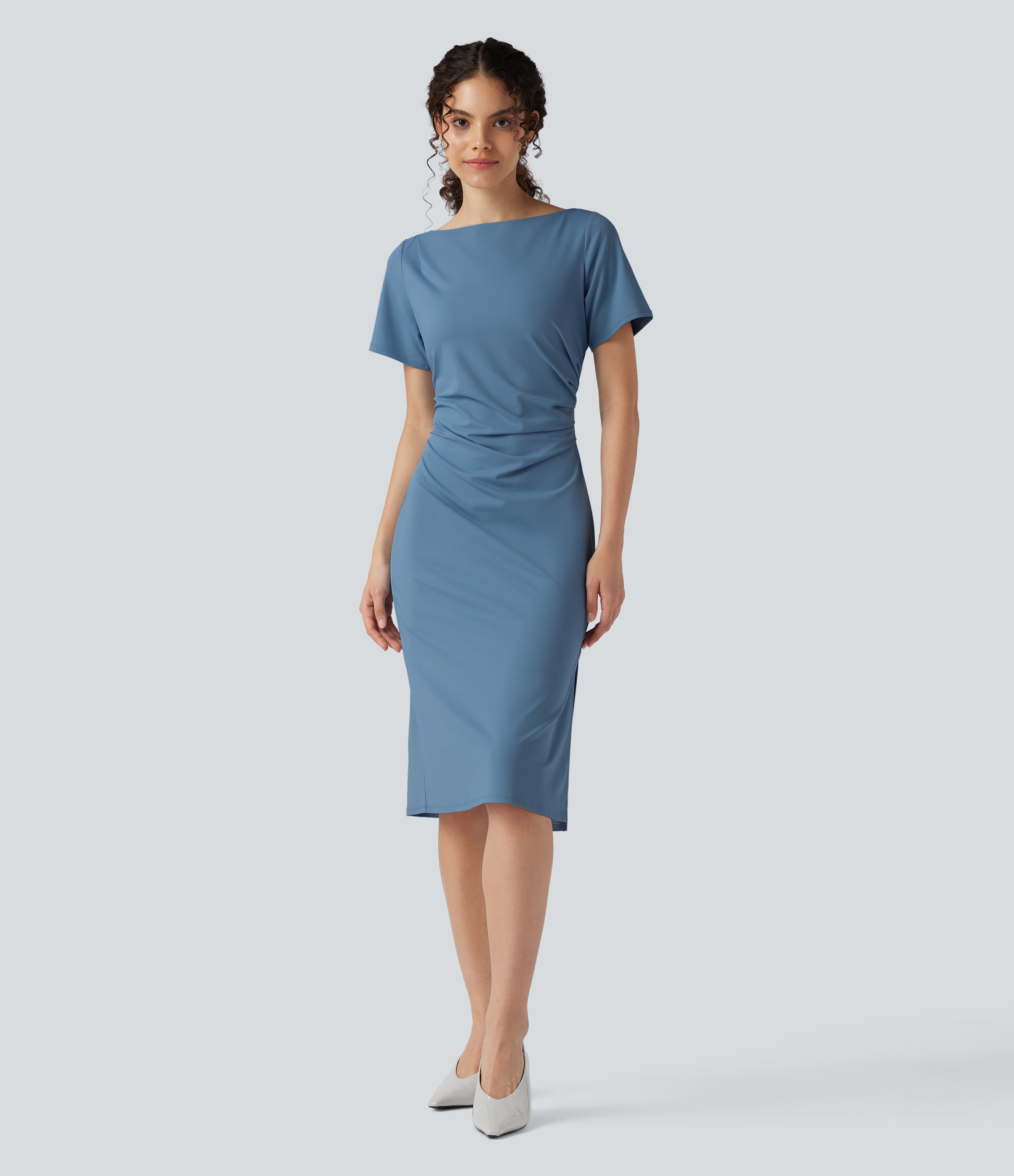 Short Sleeve Ruched Bodycon Midi Work Dress