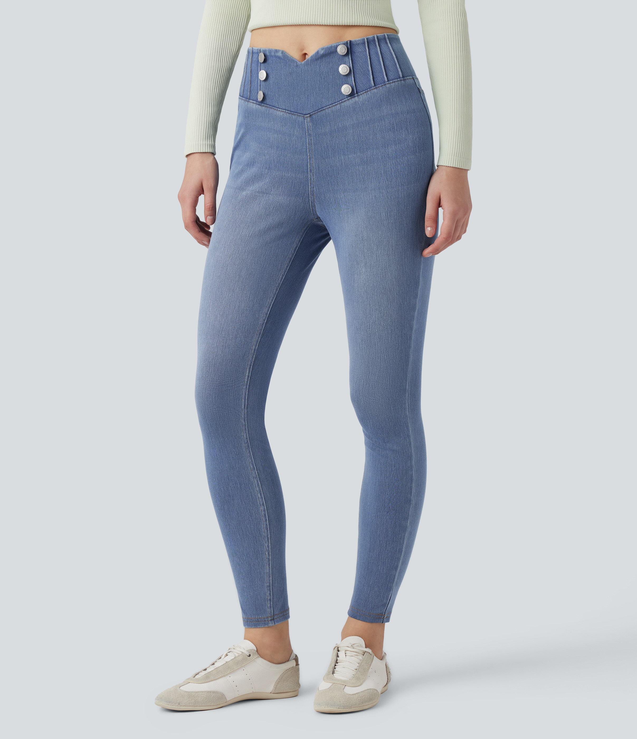 Halara Flex™ hochtaillierte, bauchformende, enge Denim-Leggings im Casual-Stil mit Taschen
