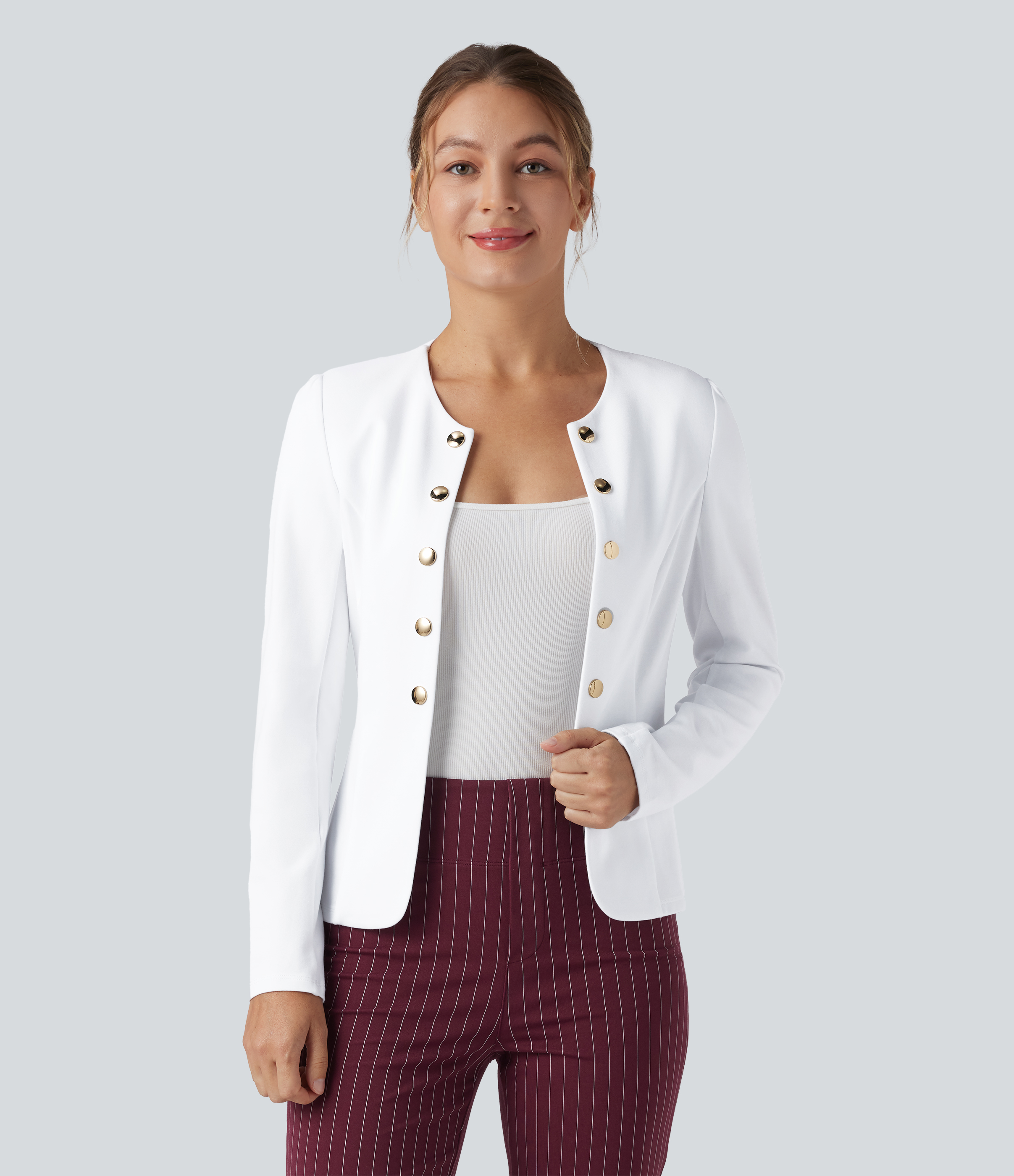 Round Neck Long Sleeve Decorative Button Slim Work Blazer