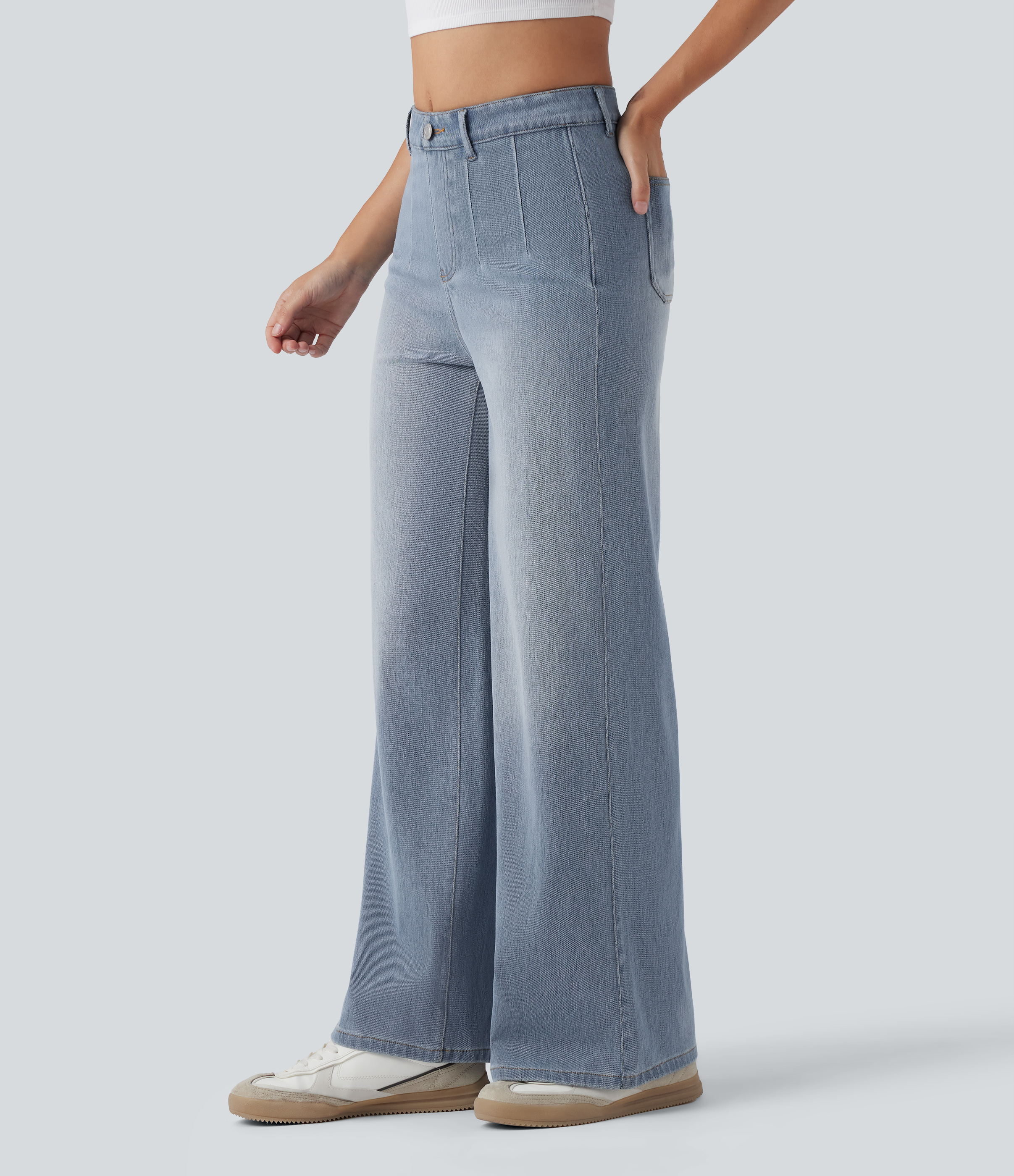 Halara Flex™ High Waisted Tummy Control Wide Leg Casual Jeans with Pockets — Malibu Blue Denim by Halara