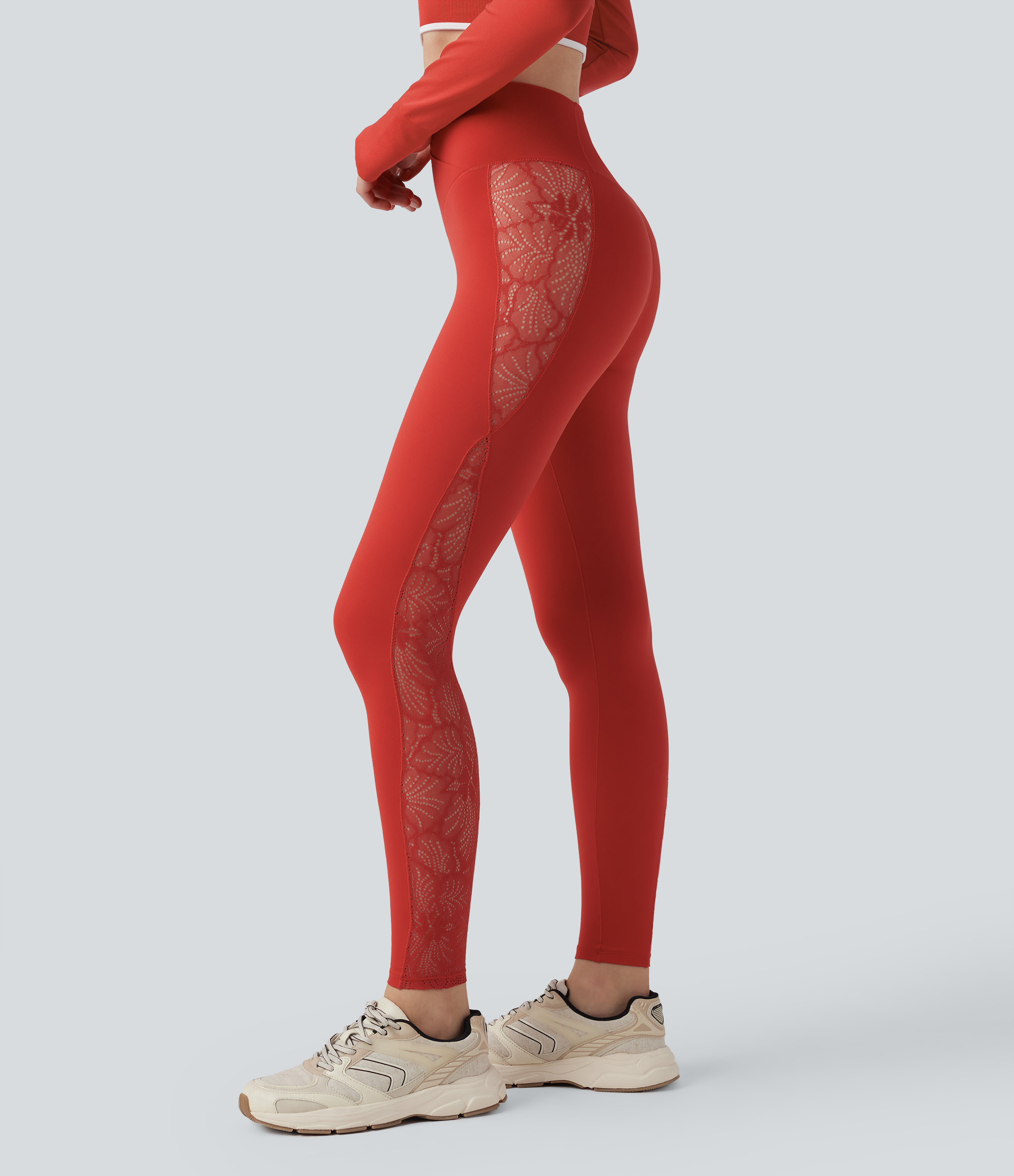 SoftlyZero™ High Waisted Crossover Contrast Lace Pocket Yoga Leggings
