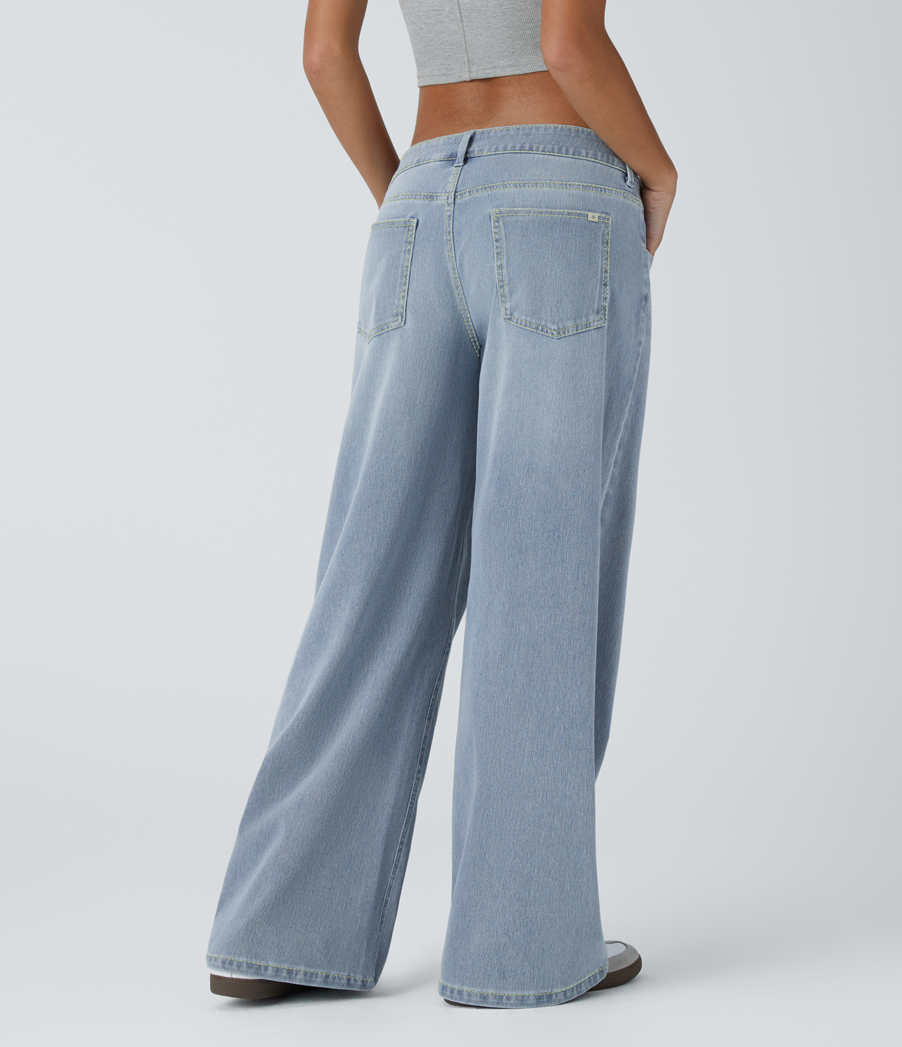Light Azure Denim Jeans Baggy Halara Flex™ Denim elástico lavado pierna ancha holgado múltiple bolsillo cierre botón tiro bajo asimétrico / 2