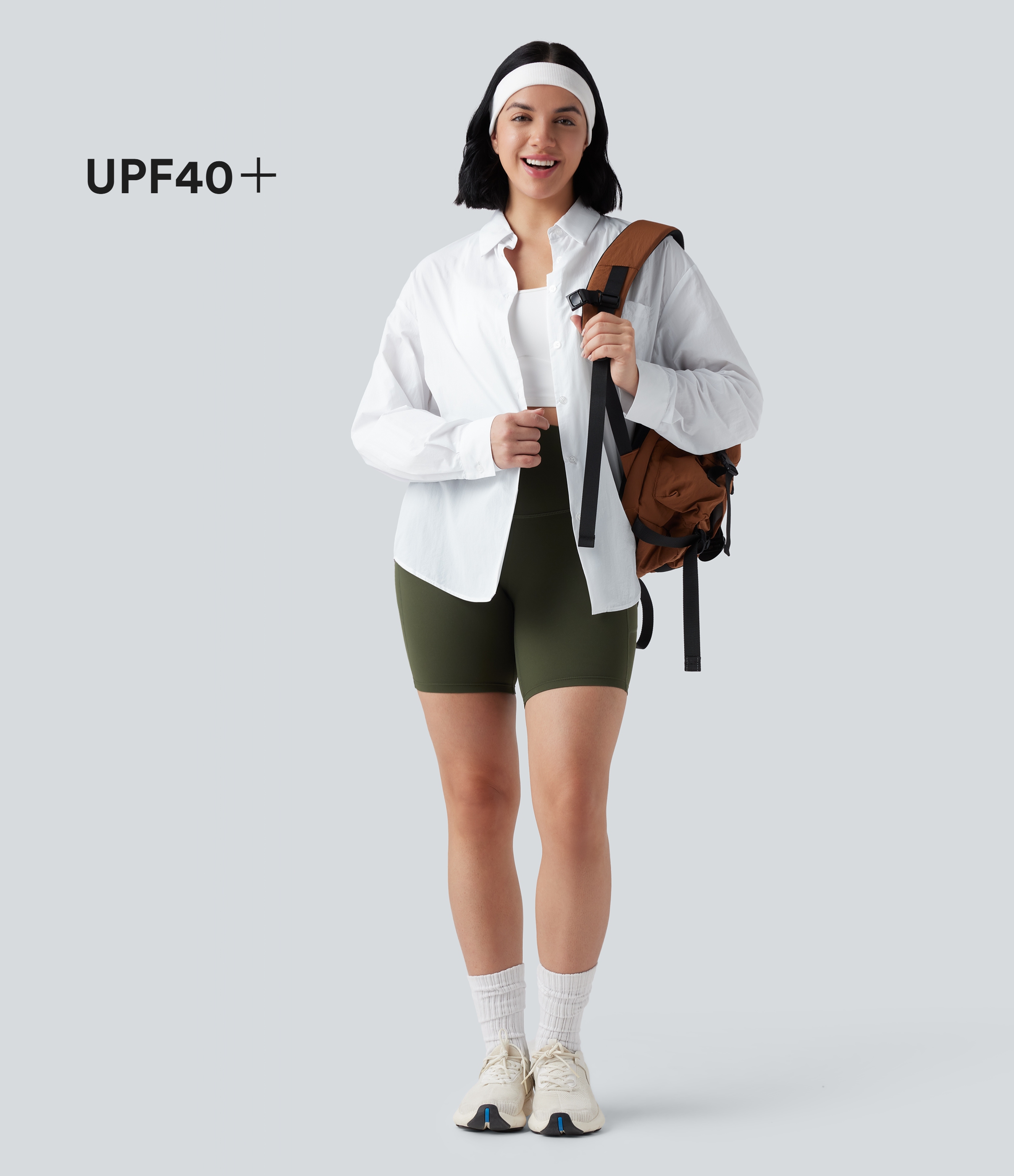 Collar Long Sleeve Curved Hem Hiking Shirt with Pocket-UPF40+
