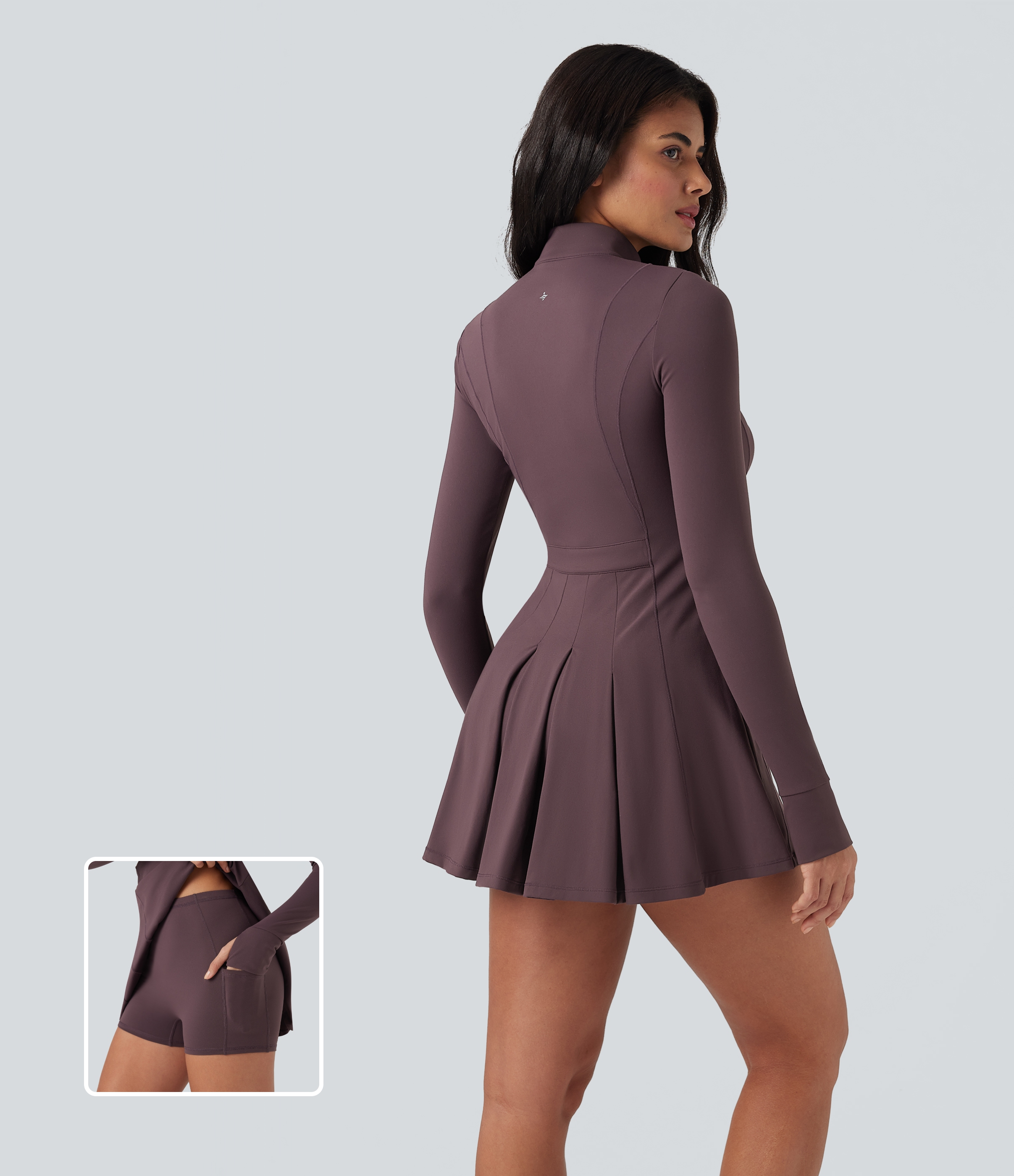 Dusky Evening purple Softlyzero™ Plush - 2-teiliges Mini-Tenniskleid mit Seitentaschen, halbem Reißverschluss, langen Ärmeln und Daumenlöchern / 1