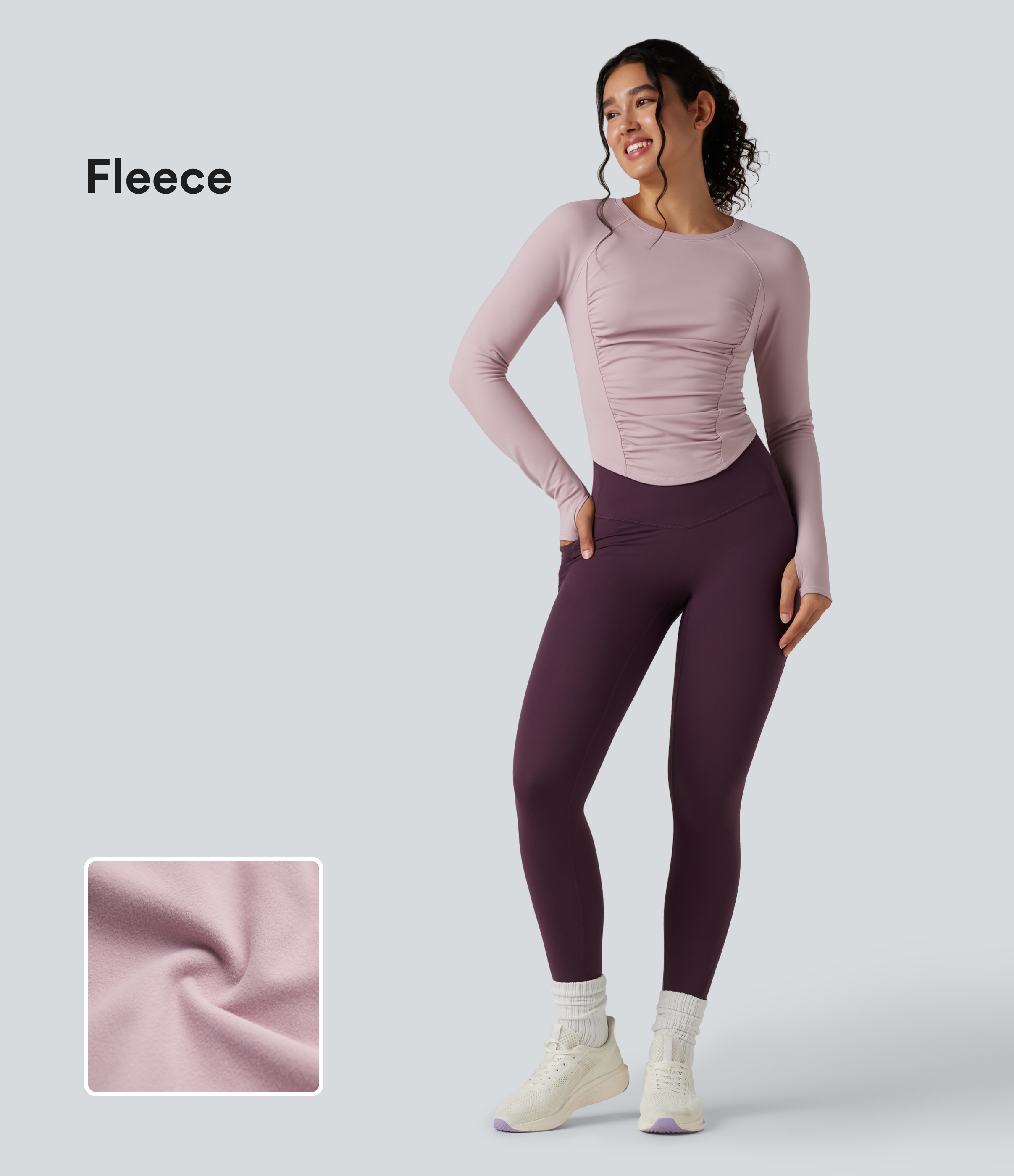 Round Neck Long Sleeve Thumb Holes Ruched Curved Hem Fleece Workout Sports Top