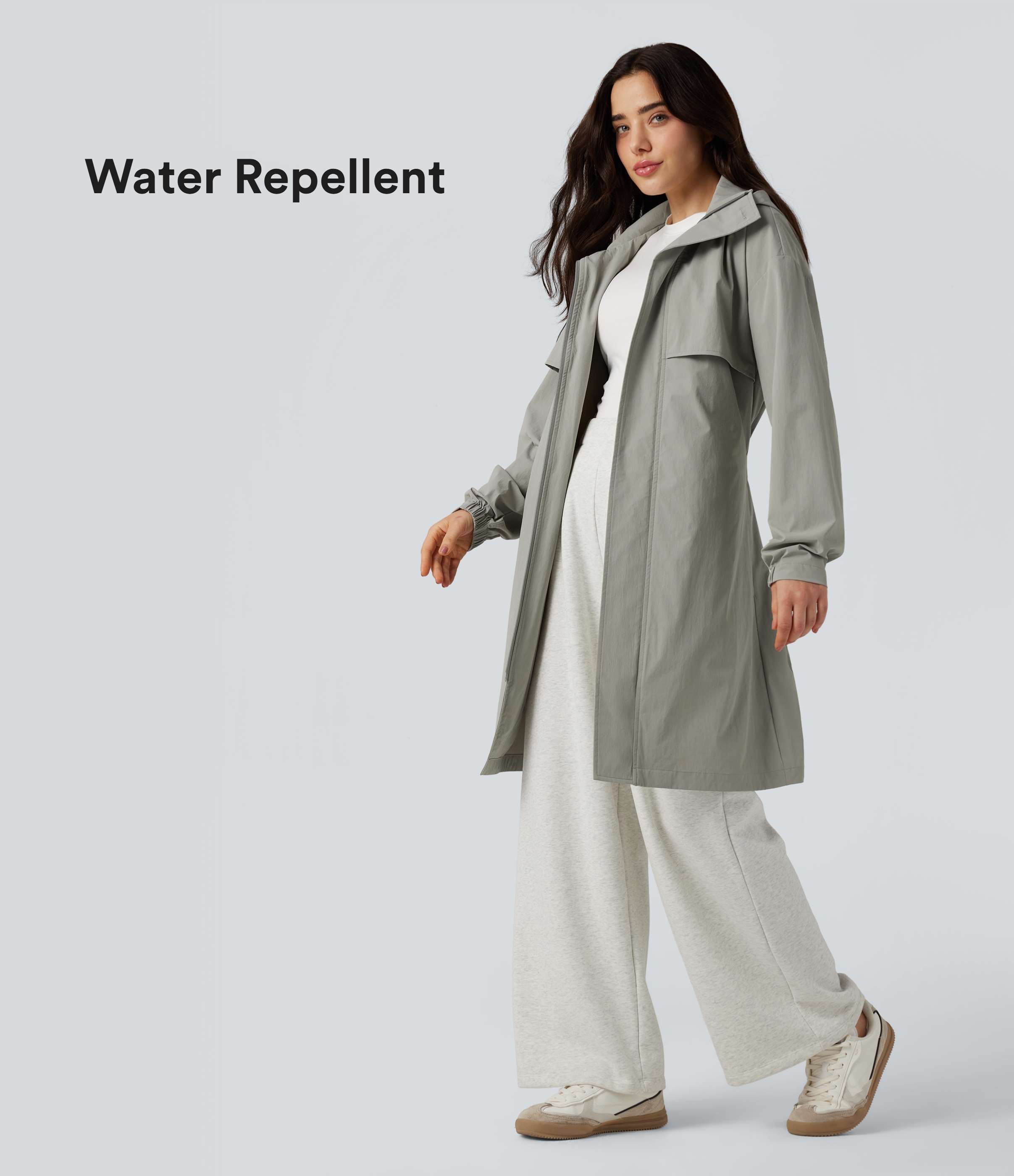Women's Water Repellent Hooded Belted Casual Trench Jacket with