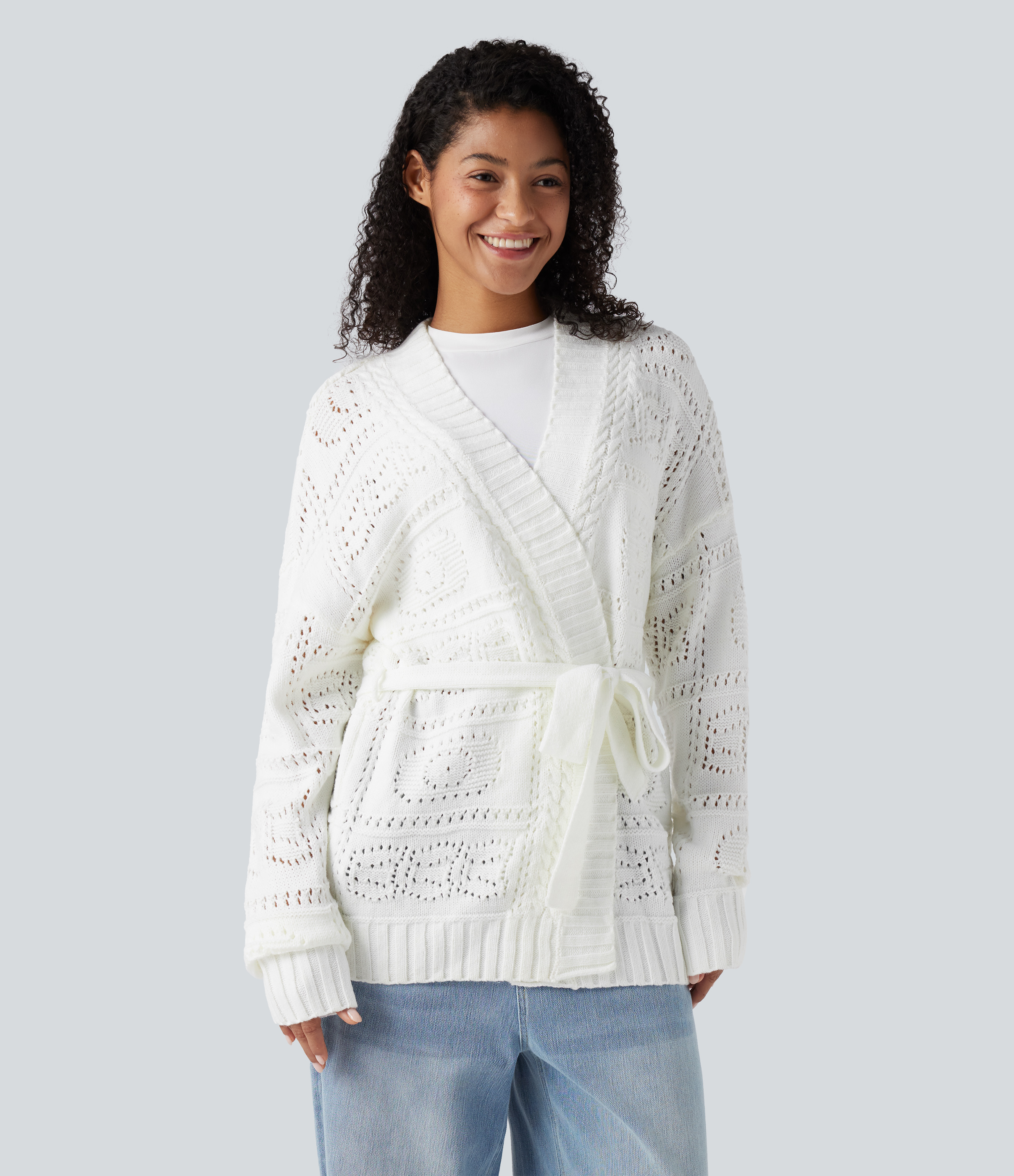 Open Front Long Sleeve Belted Sweater Knit Casual Cardigan