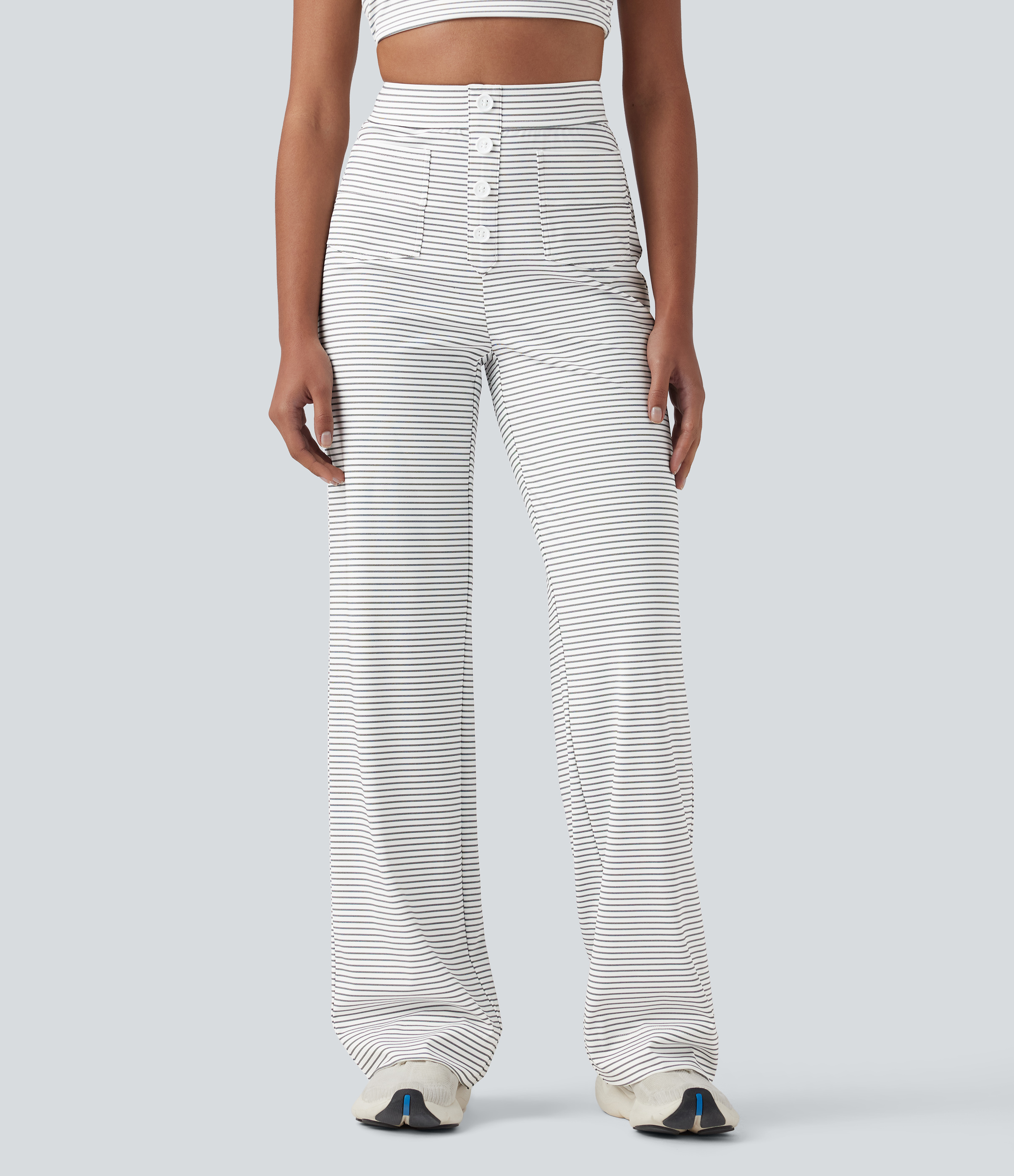High Waisted Stripes Casual Straight Leg Pants with Pockets