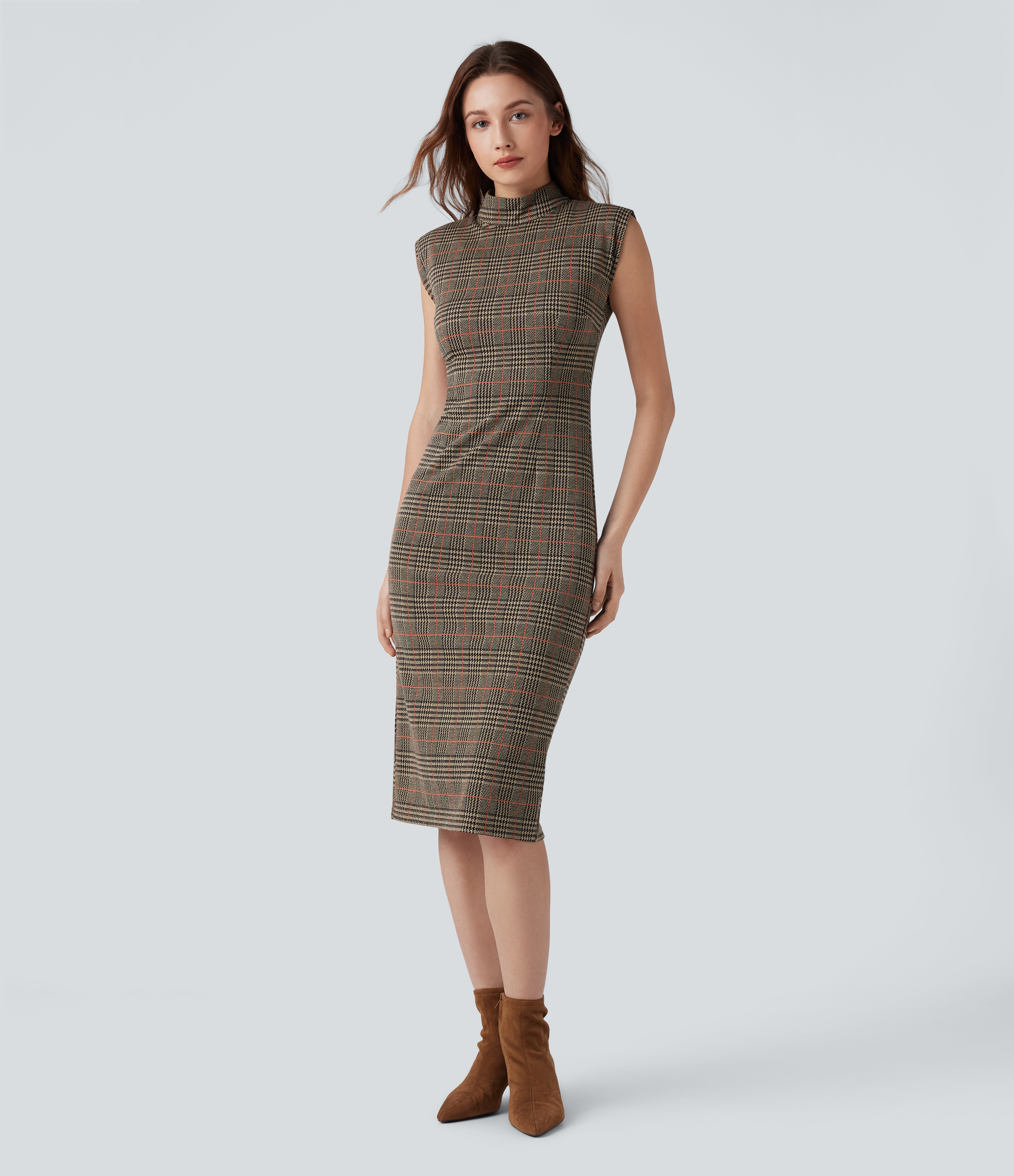 Halara High Neck Sleeveless Bodycon Houndstooth Plaid Midi Work Dress Casual Dress - Charcoal Black Houndstooth Plaid - XS slip Dress