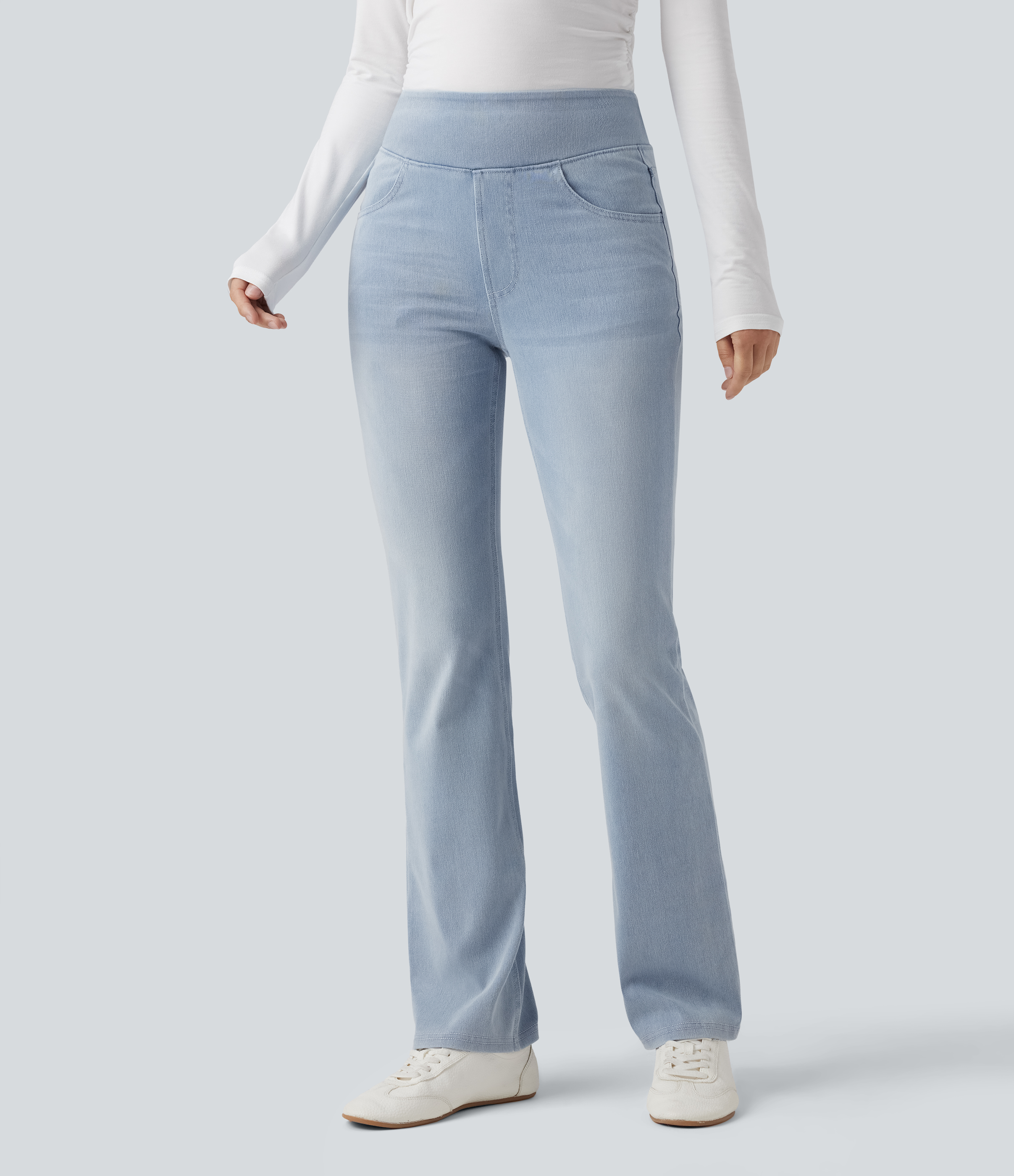 Jeans Halara Flex™ Denim tiro alto lavado elástico múltiple bolsillo corte acampanado