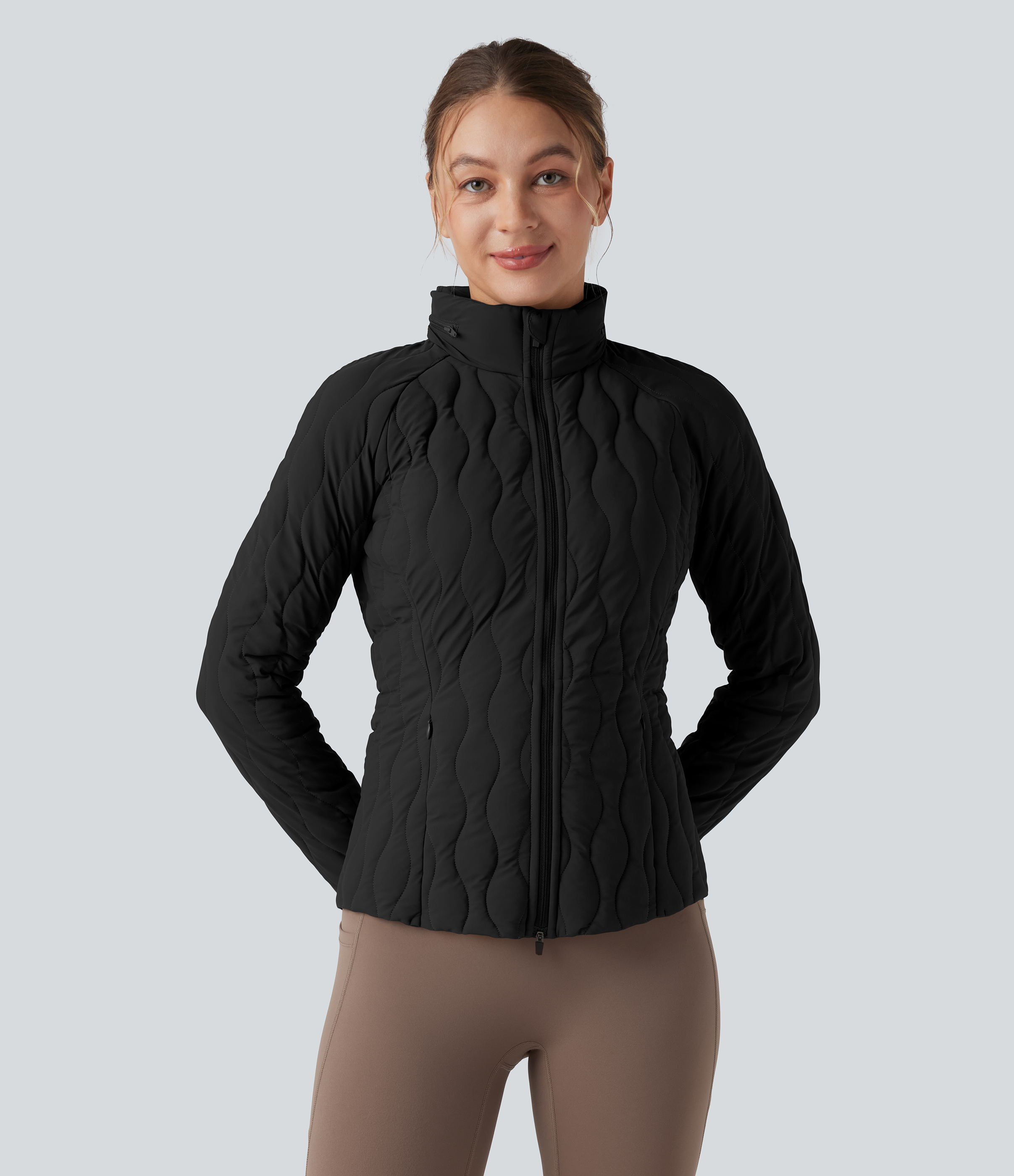 PuffFlex High-neck Thumb Holes Stretchy Workout Padded Jacket with Pockets-Packable Neck Pillow