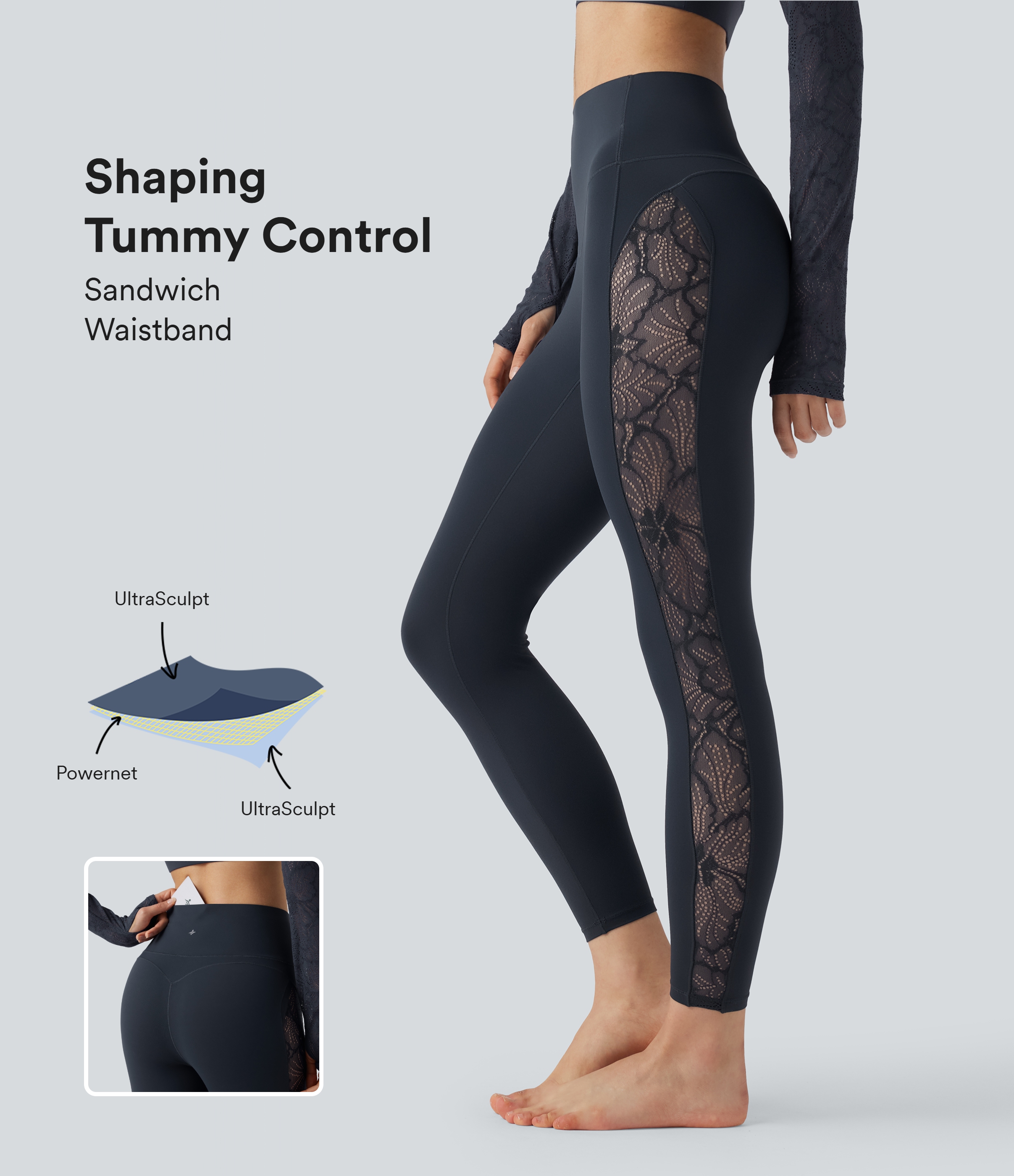 Halara UltraSculpt™ High Waisted Tummy Control Contrast Lace Yoga Leggings with Pocket
