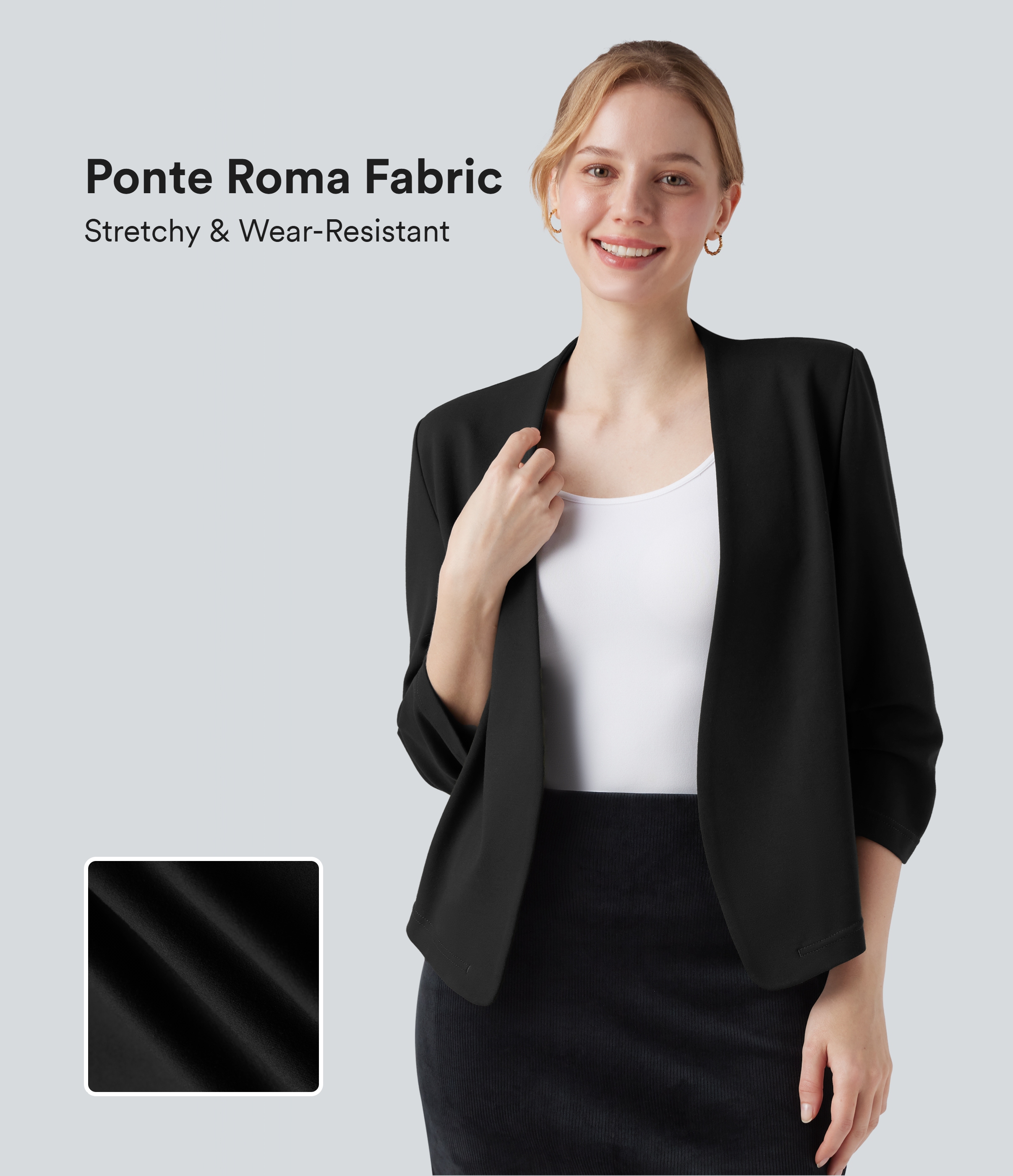Wear-Resistant V-neck 3/4 Sleeve Ponte Roma Work Blazer
