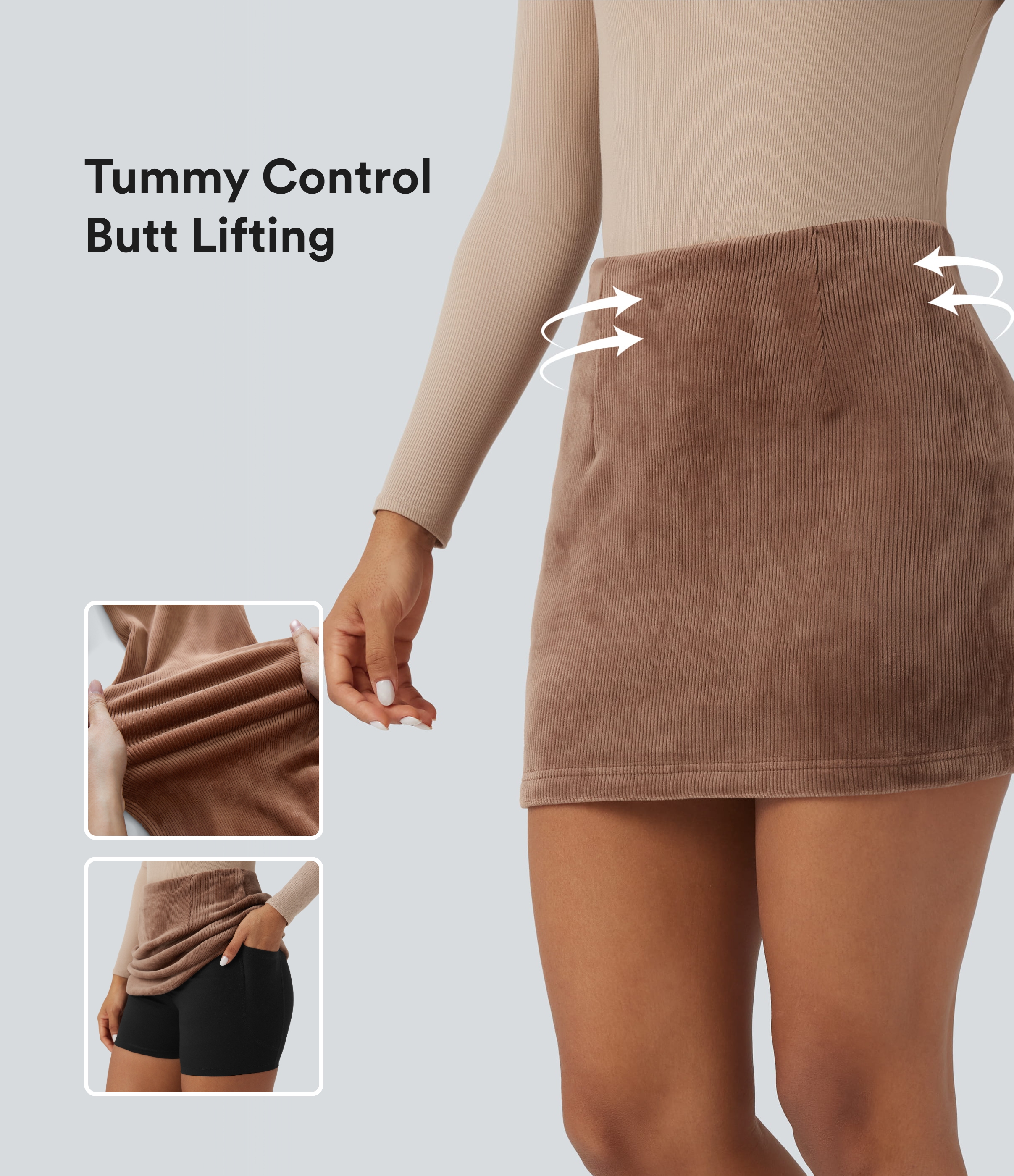 Jupe courte moulante décontractée velours côtelé taille haute gainant effet push-up avec poches