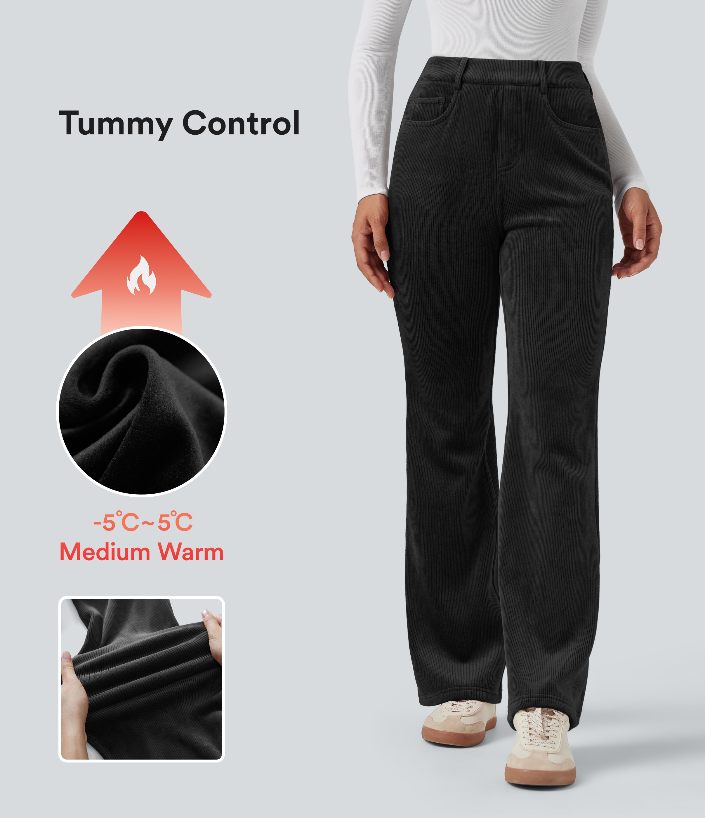 High Waisted Tummy Control Fleece Corduroy Casual Flared Trousers with Pockets
