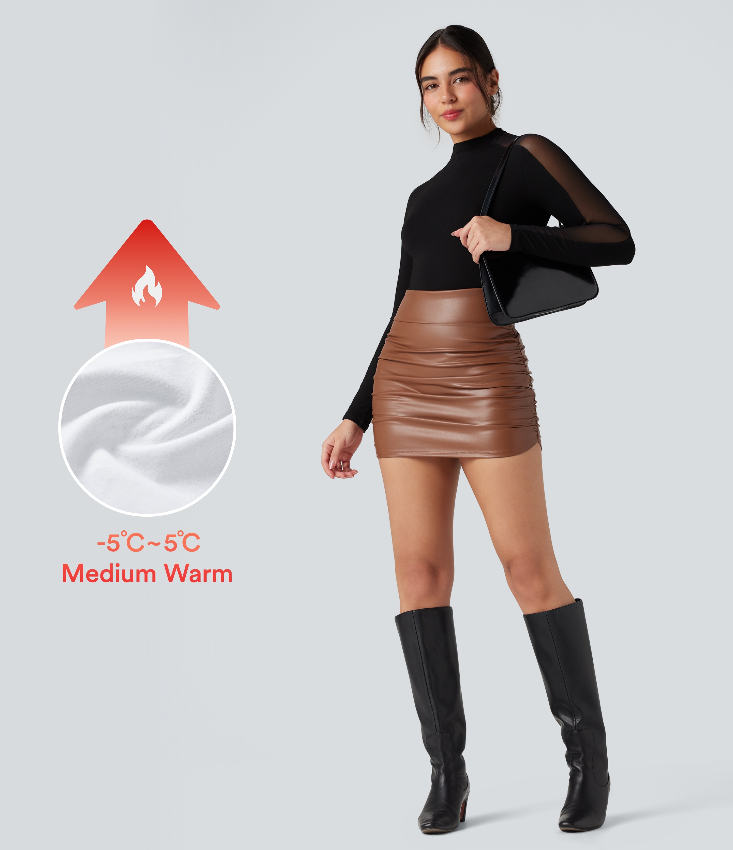 Figurbetonter, geraffter 2-in-1 Fleece-Minirock aus Kunstleder mit hohem Bund, Bauchkontrolle und abgerundetem Saum