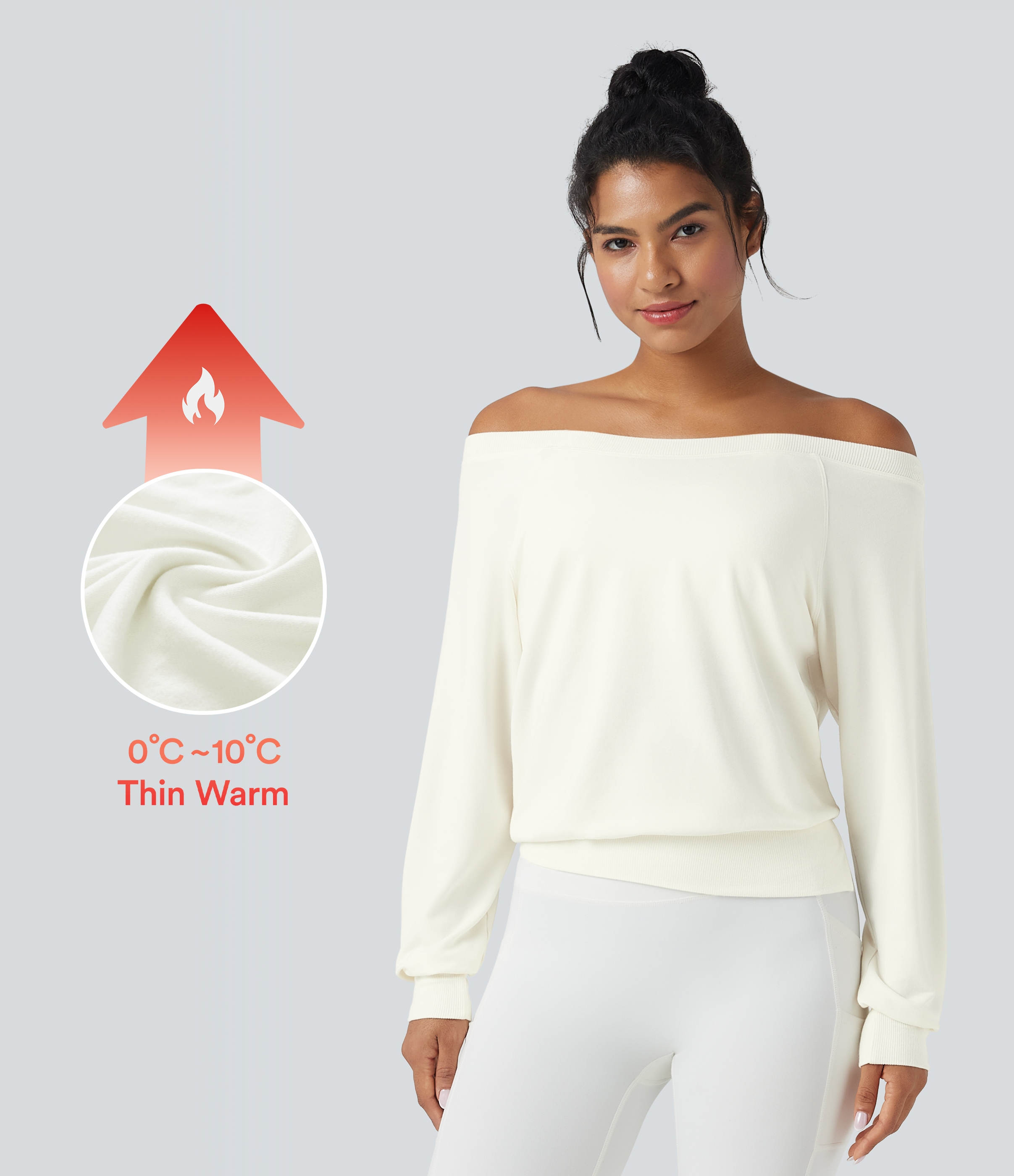 Star White Off-shoulder Long Sleeve Fleece Yoga Sports Top / 1