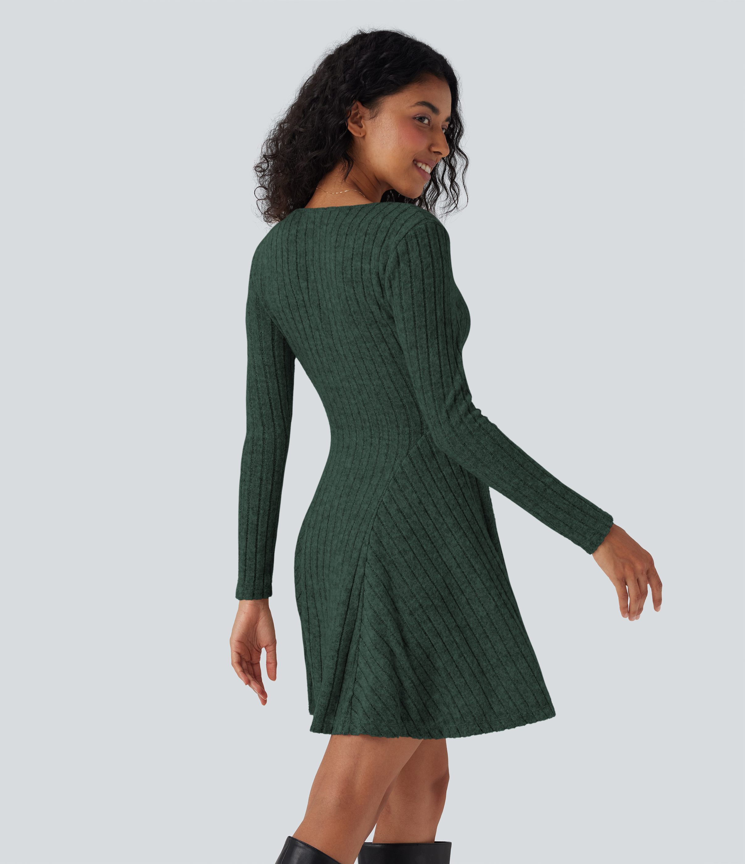 Mottled Greenlake Ribbed Knit V Neck Long Sleeve Flare Mini Casual Dress / 2