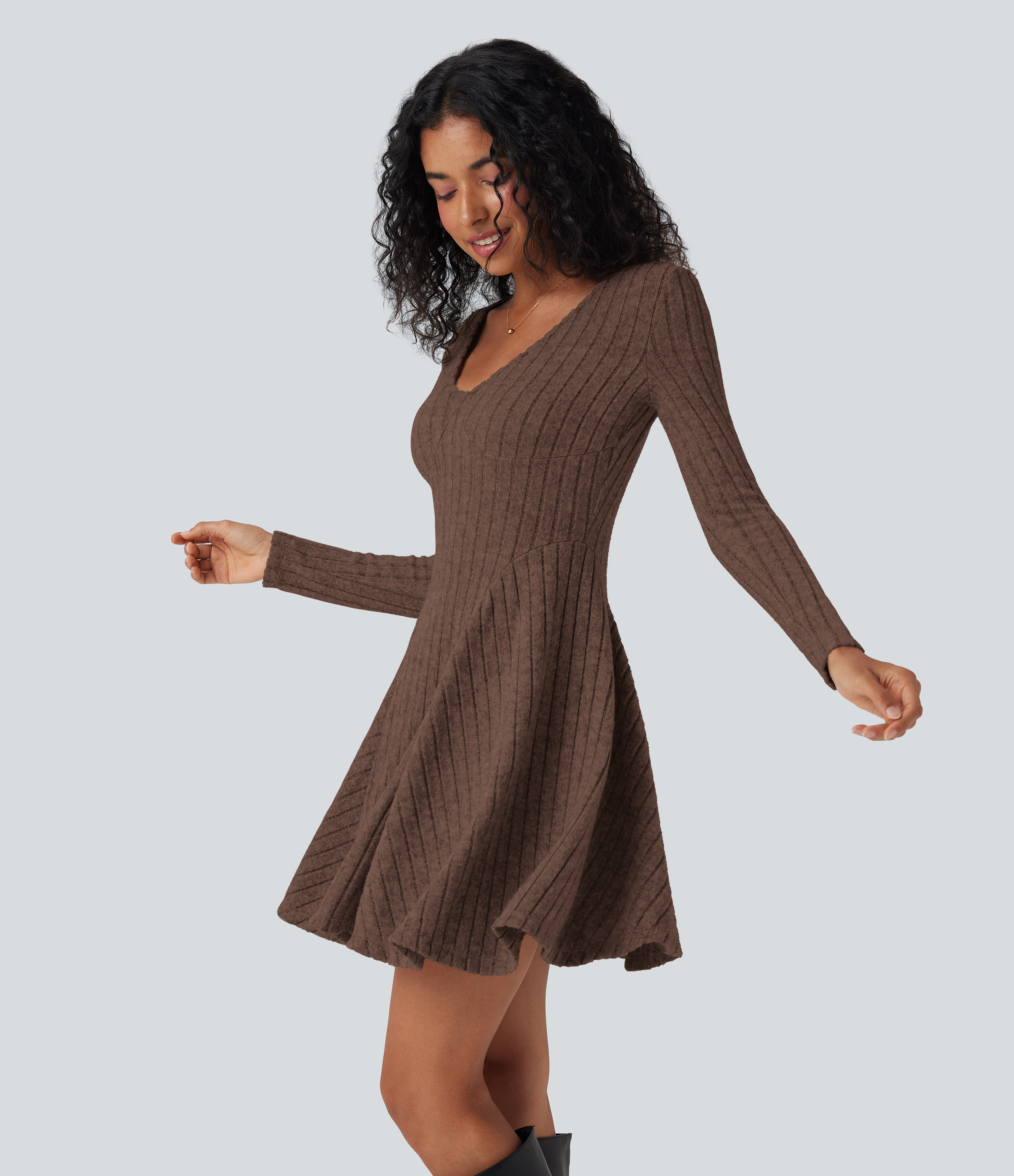 Flared ribbed-knit mini dress with V-neck and long sleeves