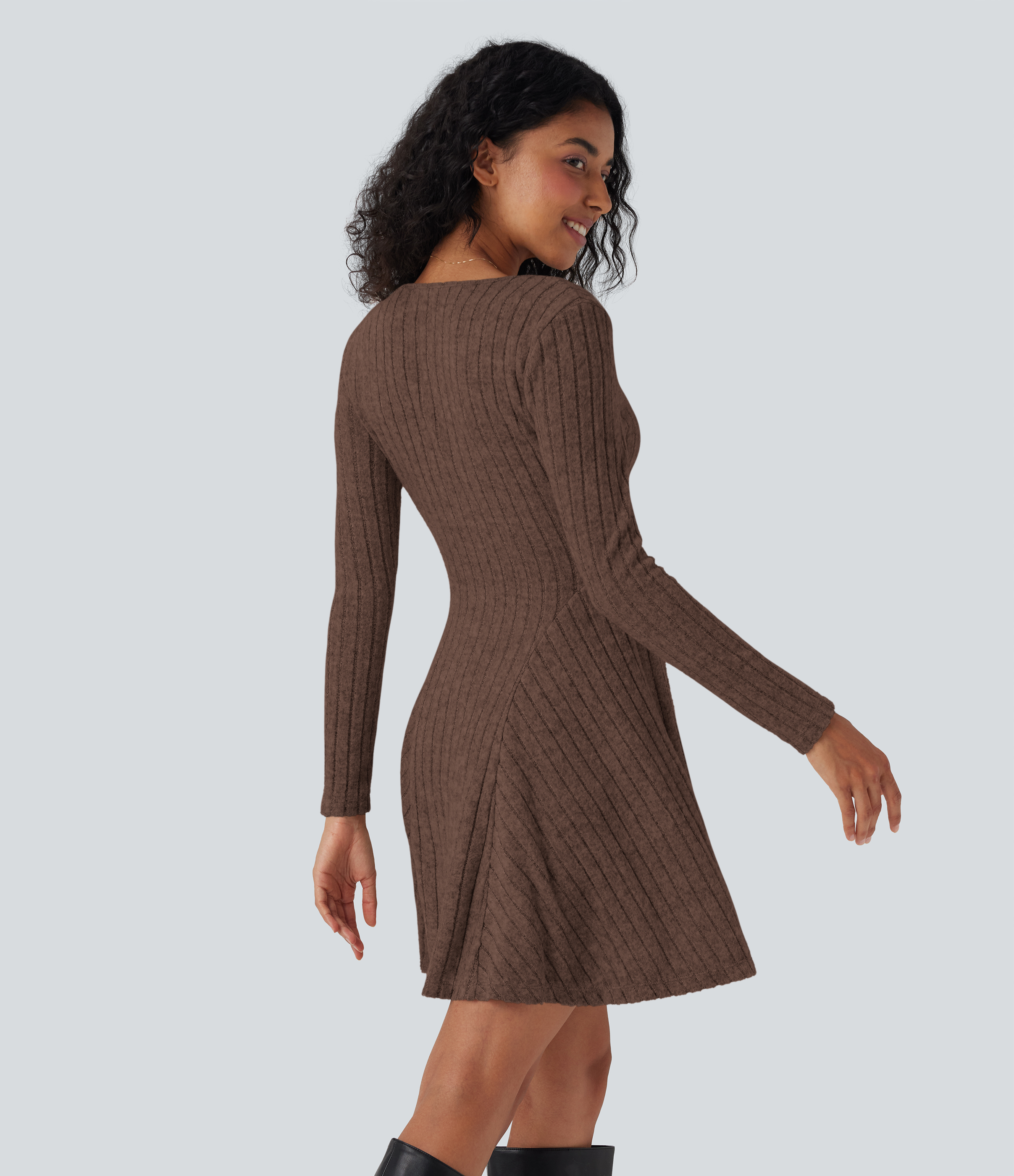 Earthy Brown Floral Yarn Flared ribbed-knit mini dress with V-neck and long sleeves / 2
