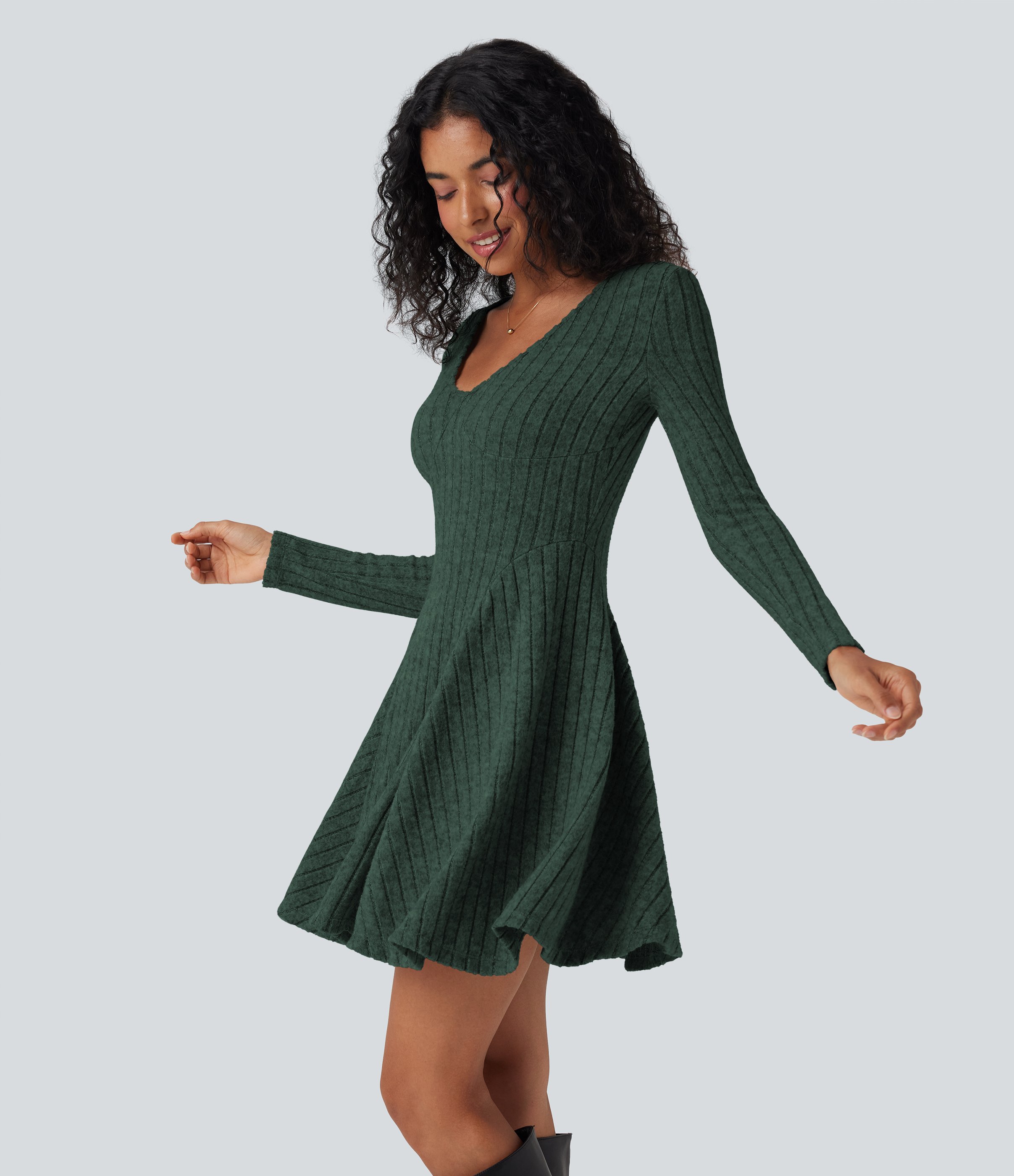 Ribbed Knit V Neck Long Sleeve Flare Mini Casual Dress with Pockets