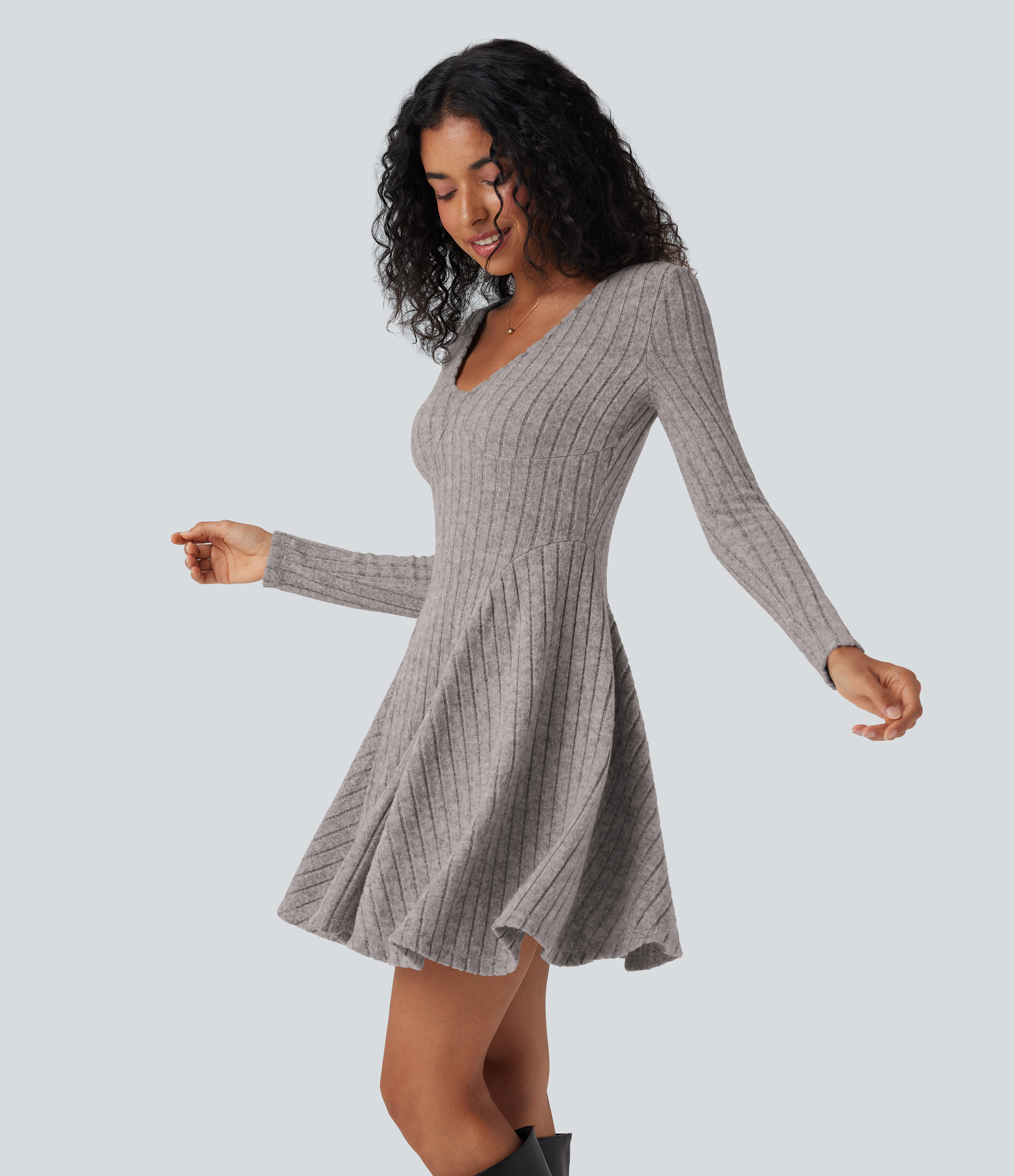 Women's Ribbed Knit V Neck Long Sleeve Flare Mini Casual Dress