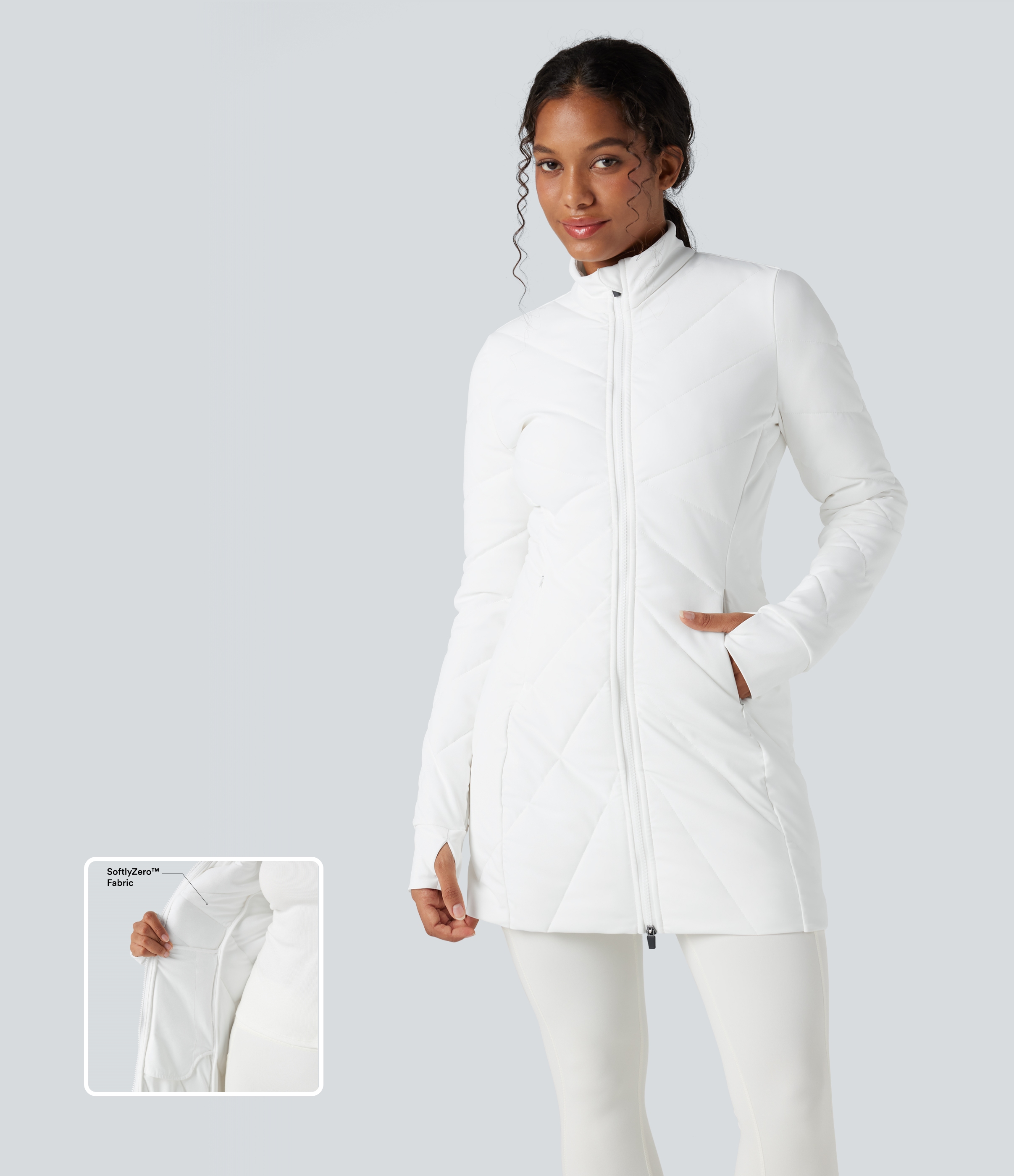 Stand Collar Double Zipper Thumb Holes Casual Padded Jacket with Pockets