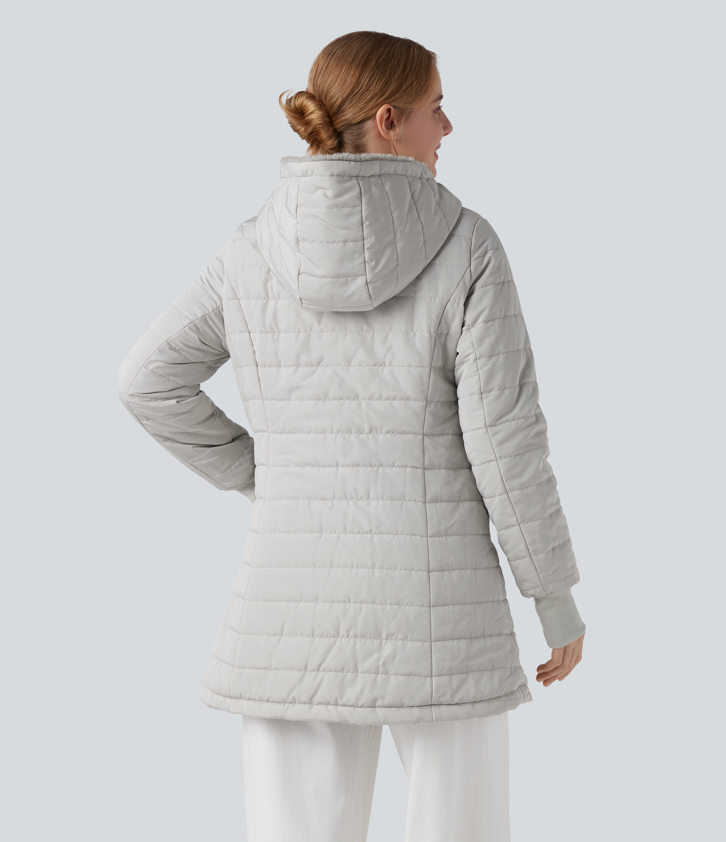 Earthy Gray Lässige Kapuzenjacke mit Reißverschluss, langen Ärmeln, Sherpa-Kunstfell und Taschen / 2