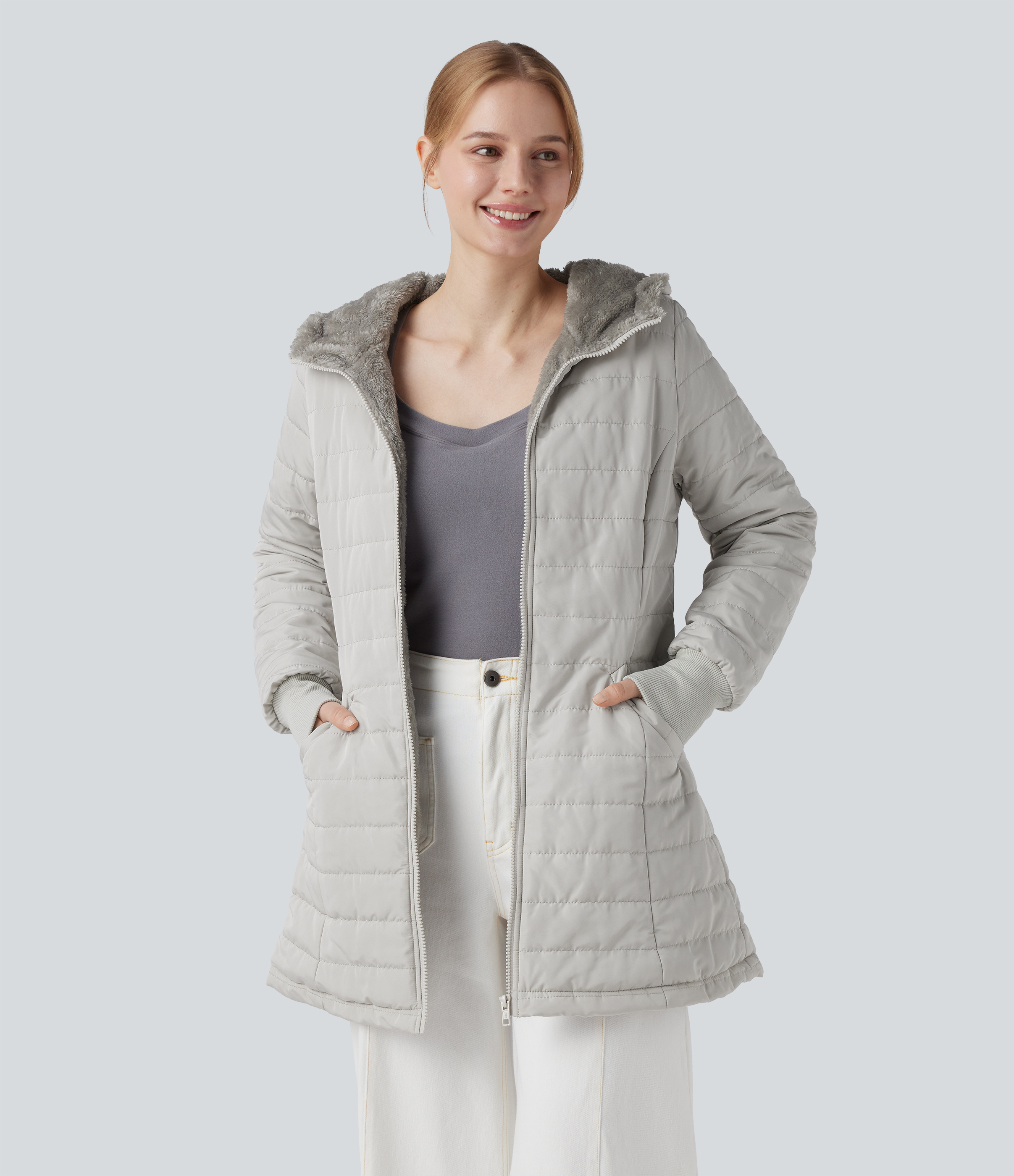 Hooded Zipper Long Sleeve Casual Sherpa Faux Fur hooded Jacket with Pockets