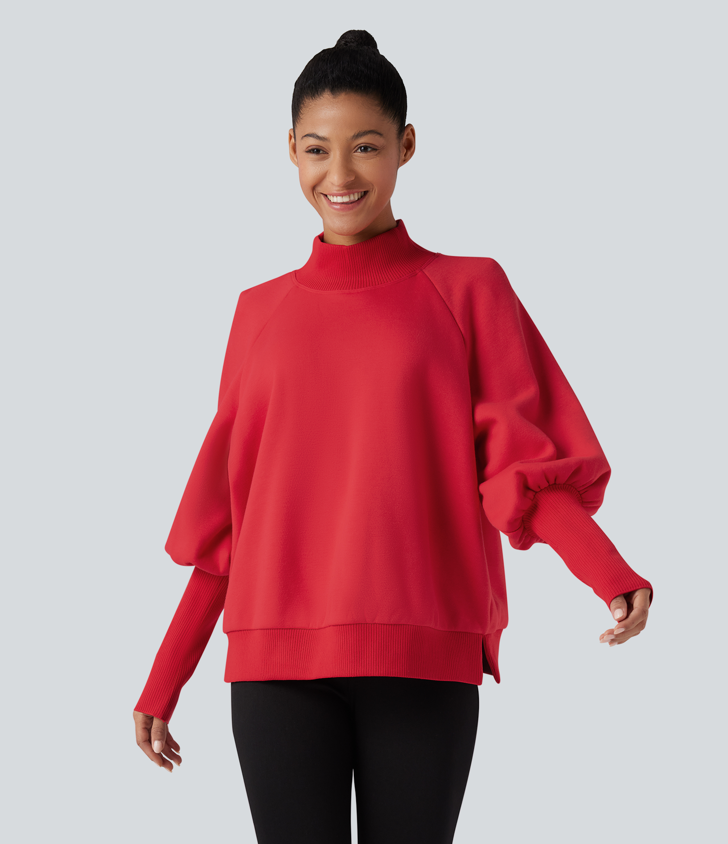 Mock Neck Bishop Long Sleeve Fleece Casual Sweatshirt