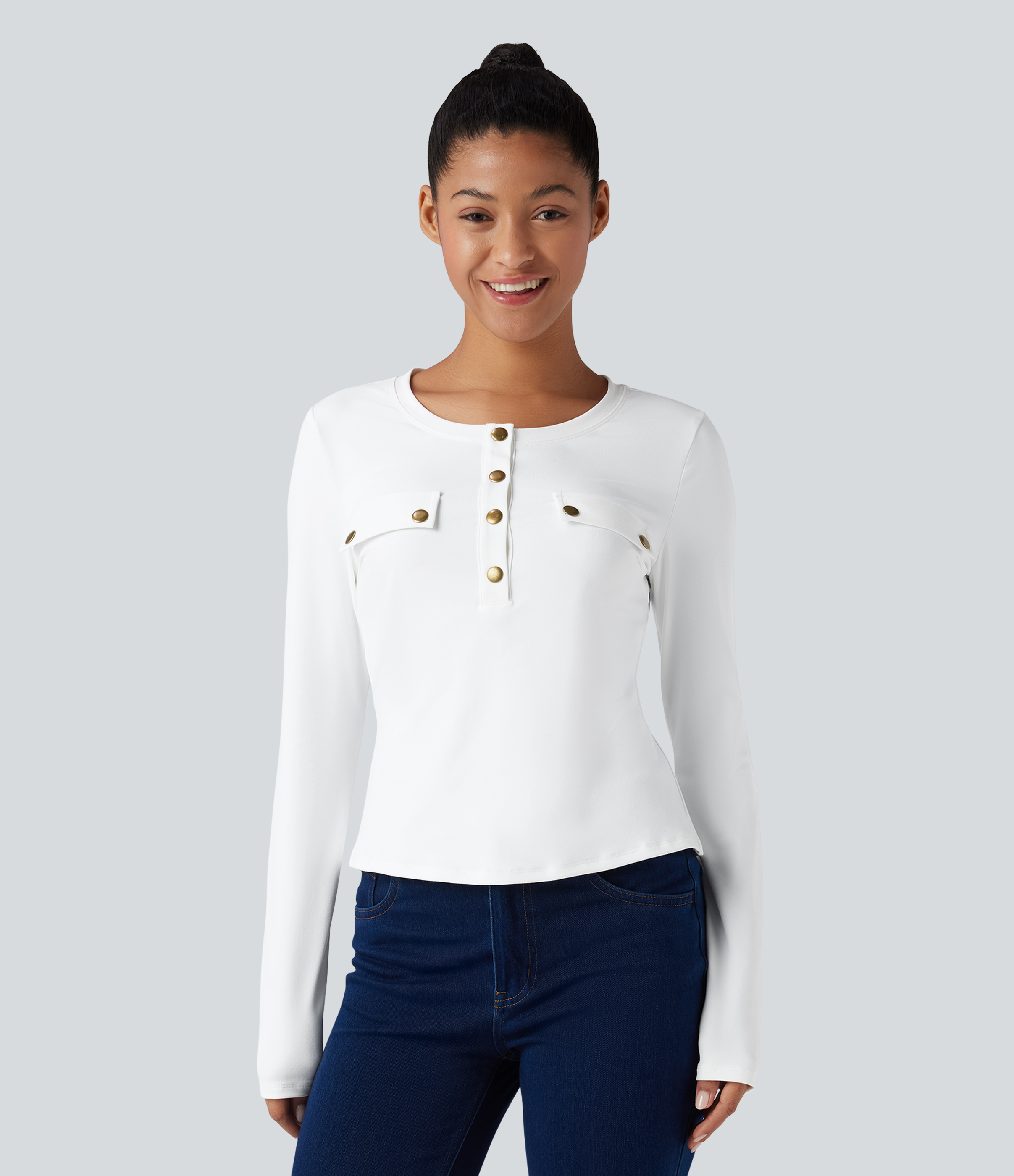 White Henley Long Sleeve Casual Top / 2