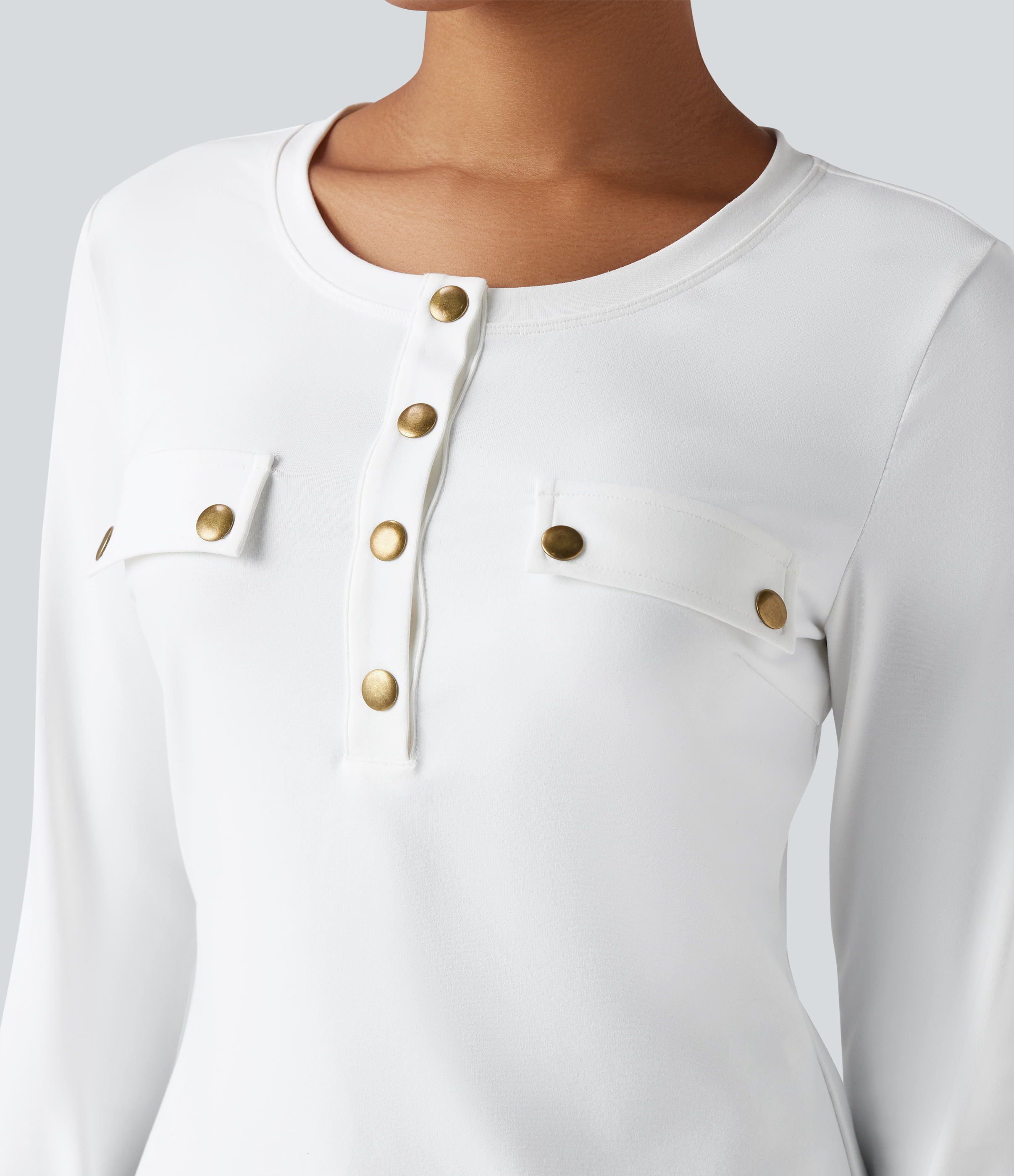 White Henley Long Sleeve Casual Top / 1