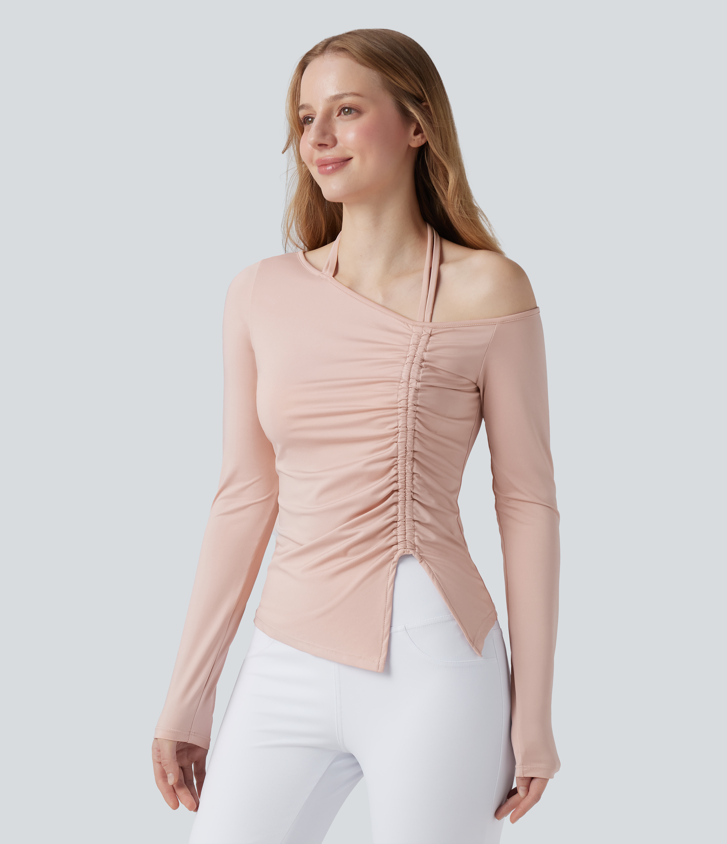 Halter Long Sleeve Ruched Yoga Sports Top