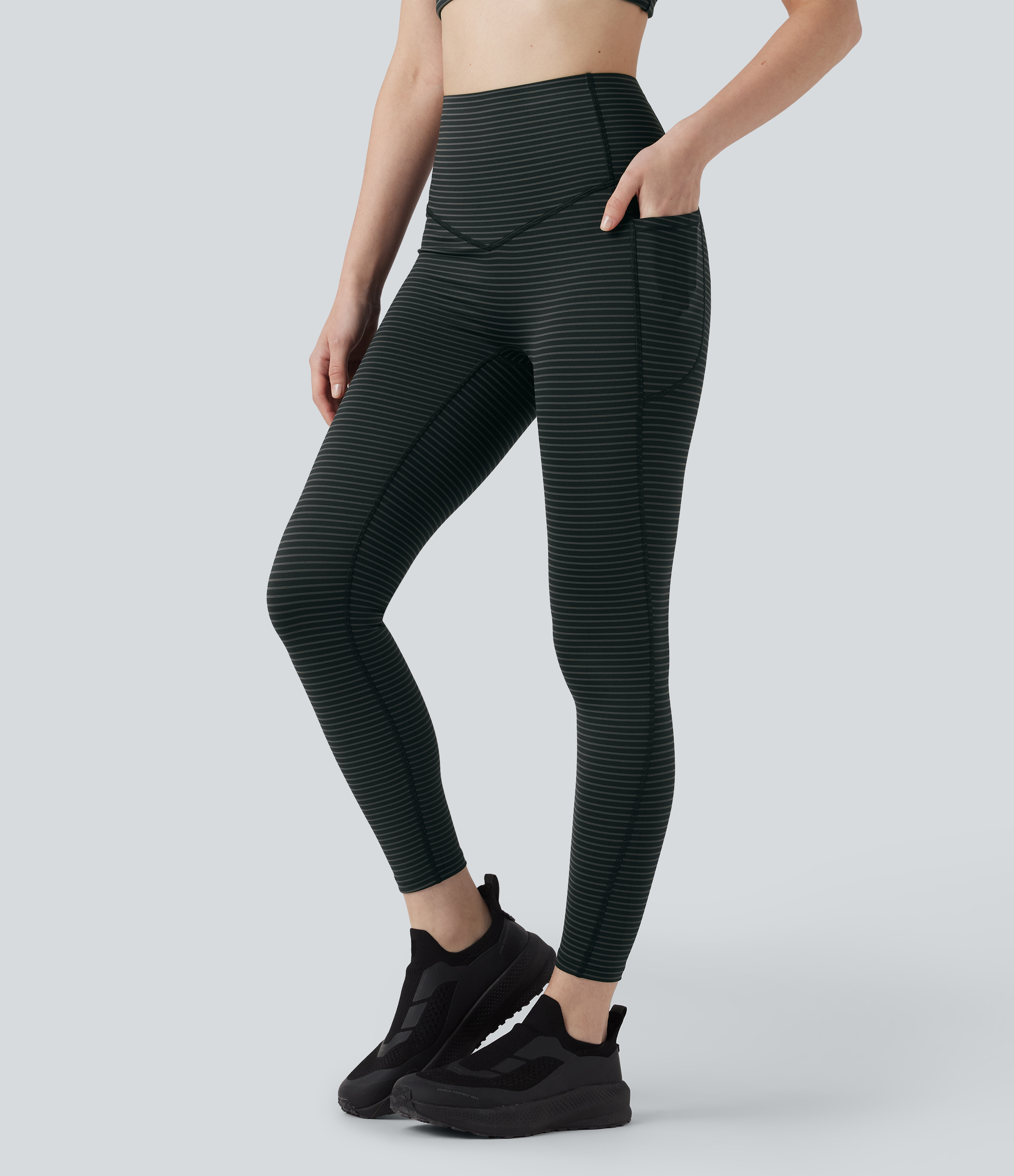 High Waisted Tummy Control Stripe Yoga Leggings with Pockets