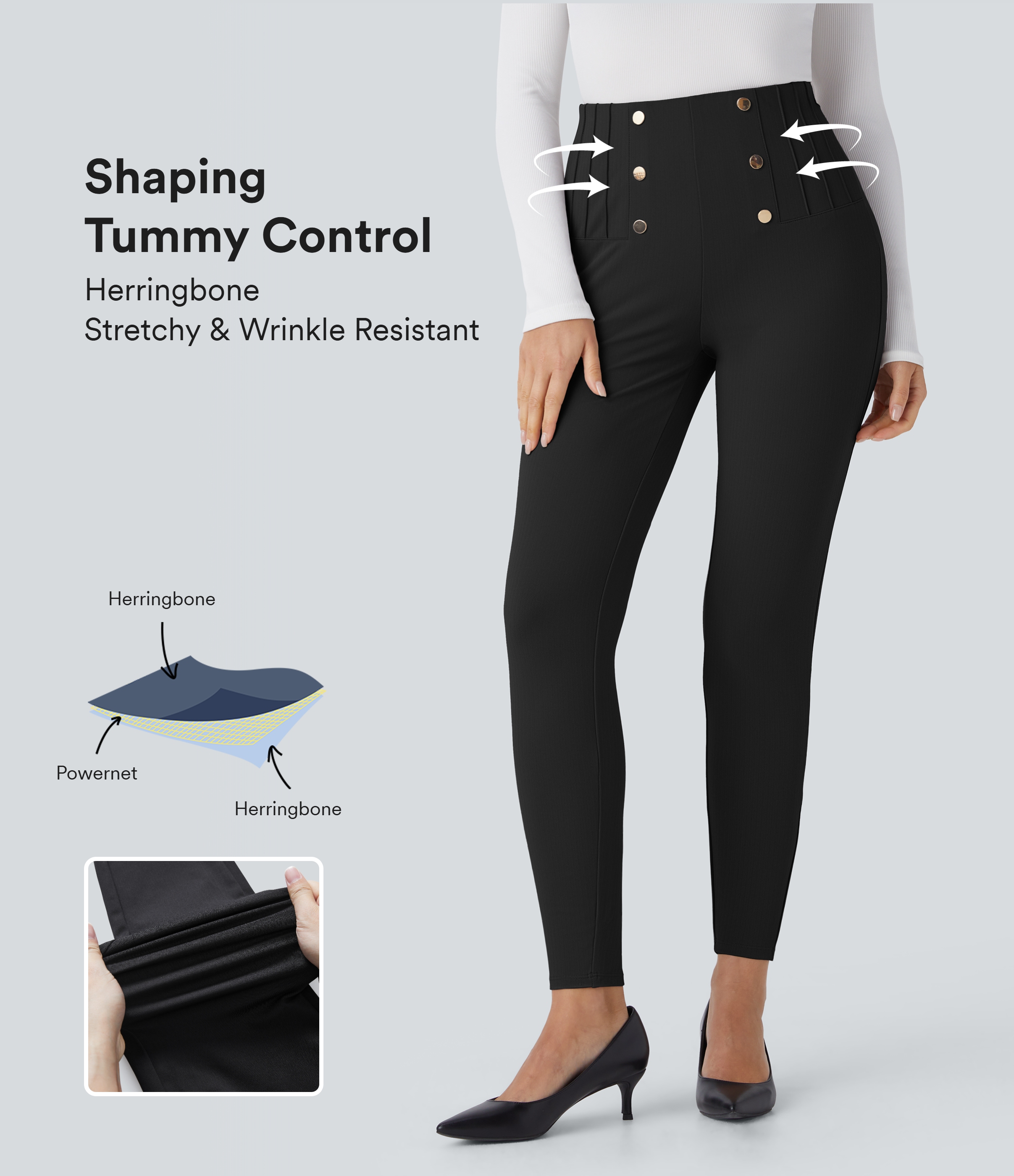High Waisted Tummy Control Decorative Back Zipper Pockets Herringbone Work Trousers