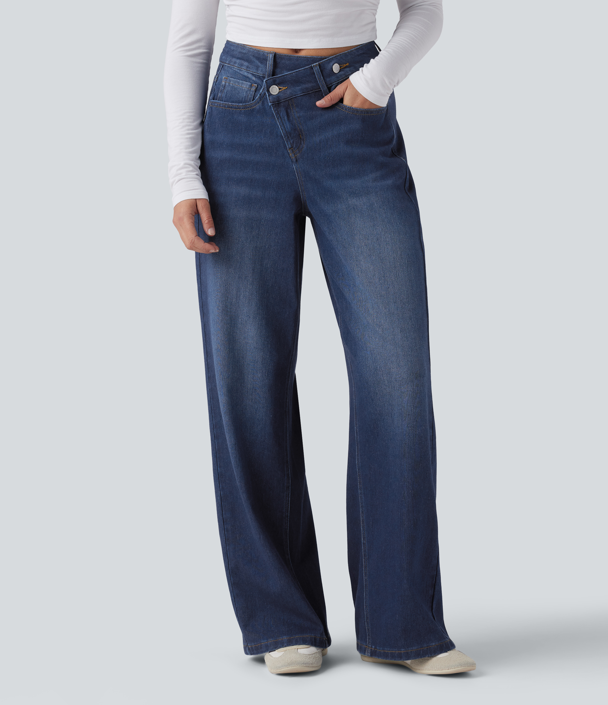 Halara Flex™ Asymmetric High Waisted Washed Casual Baggy Jeans with Pockets — Pageant Blue Denim by Halara