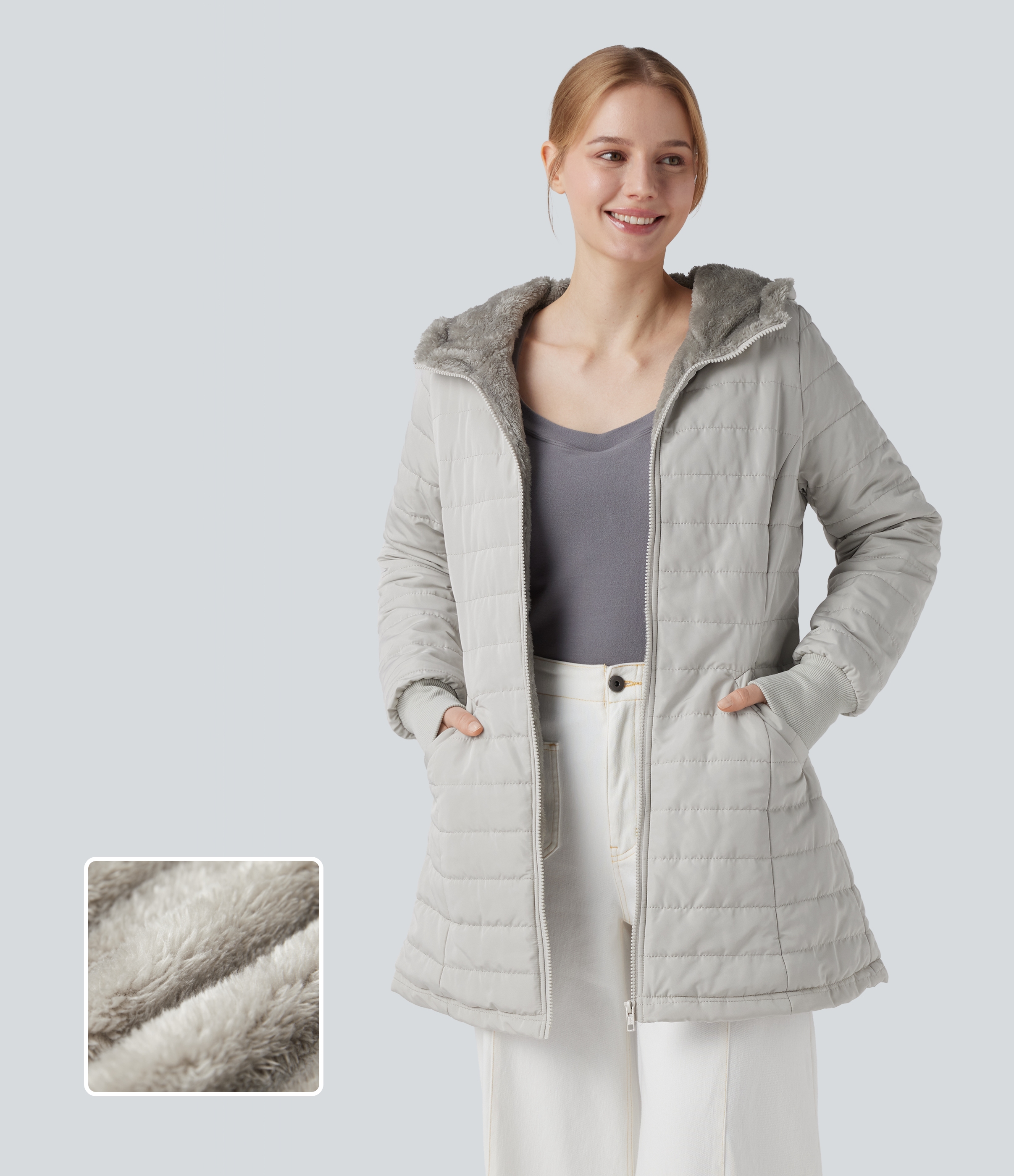 Veste casual sherpa en fausse fourrure zippée à capuche et manches longues avec poches