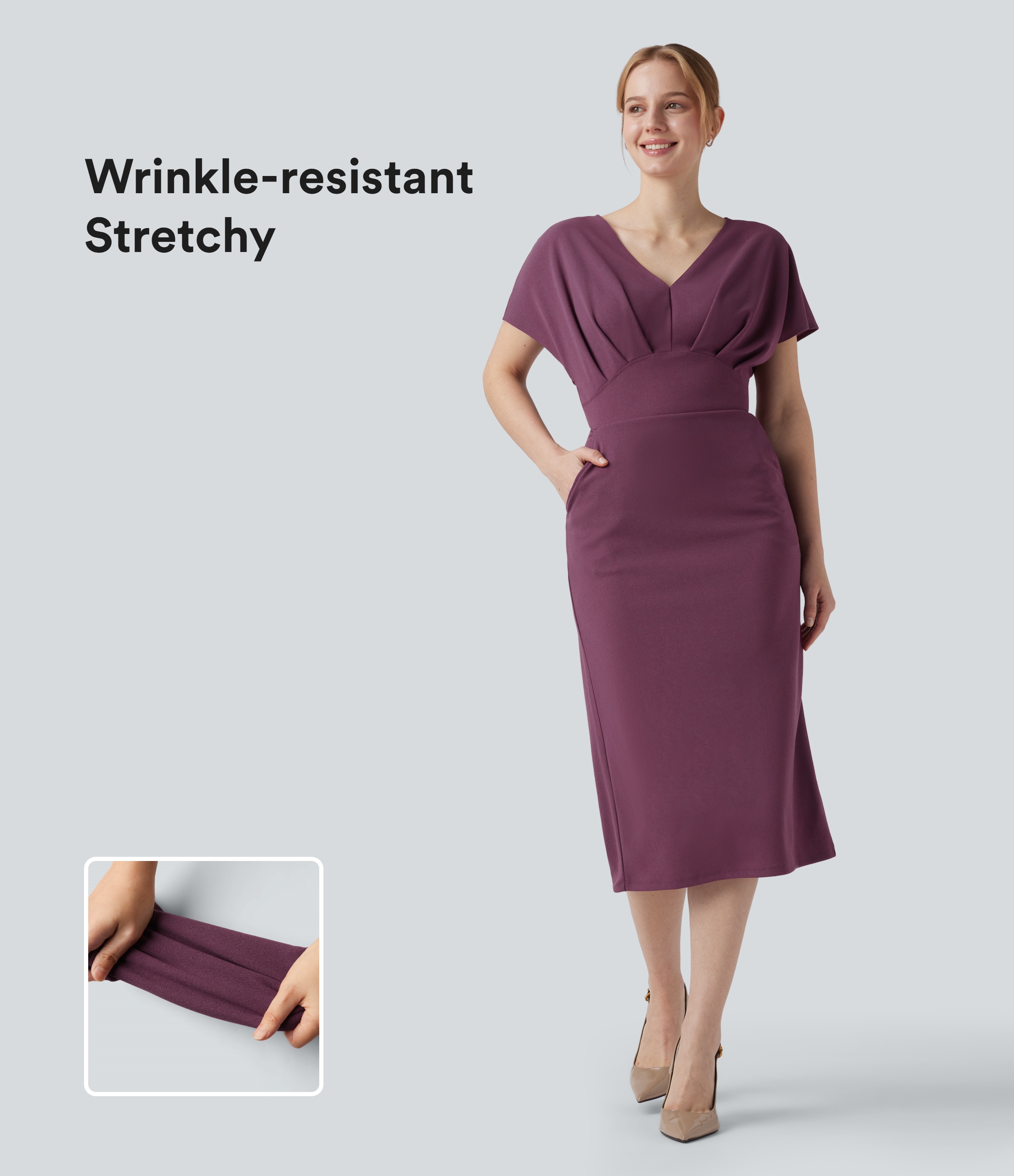 Midi work dress with V-neck, side pockets and short sleeves - wrinkle-free