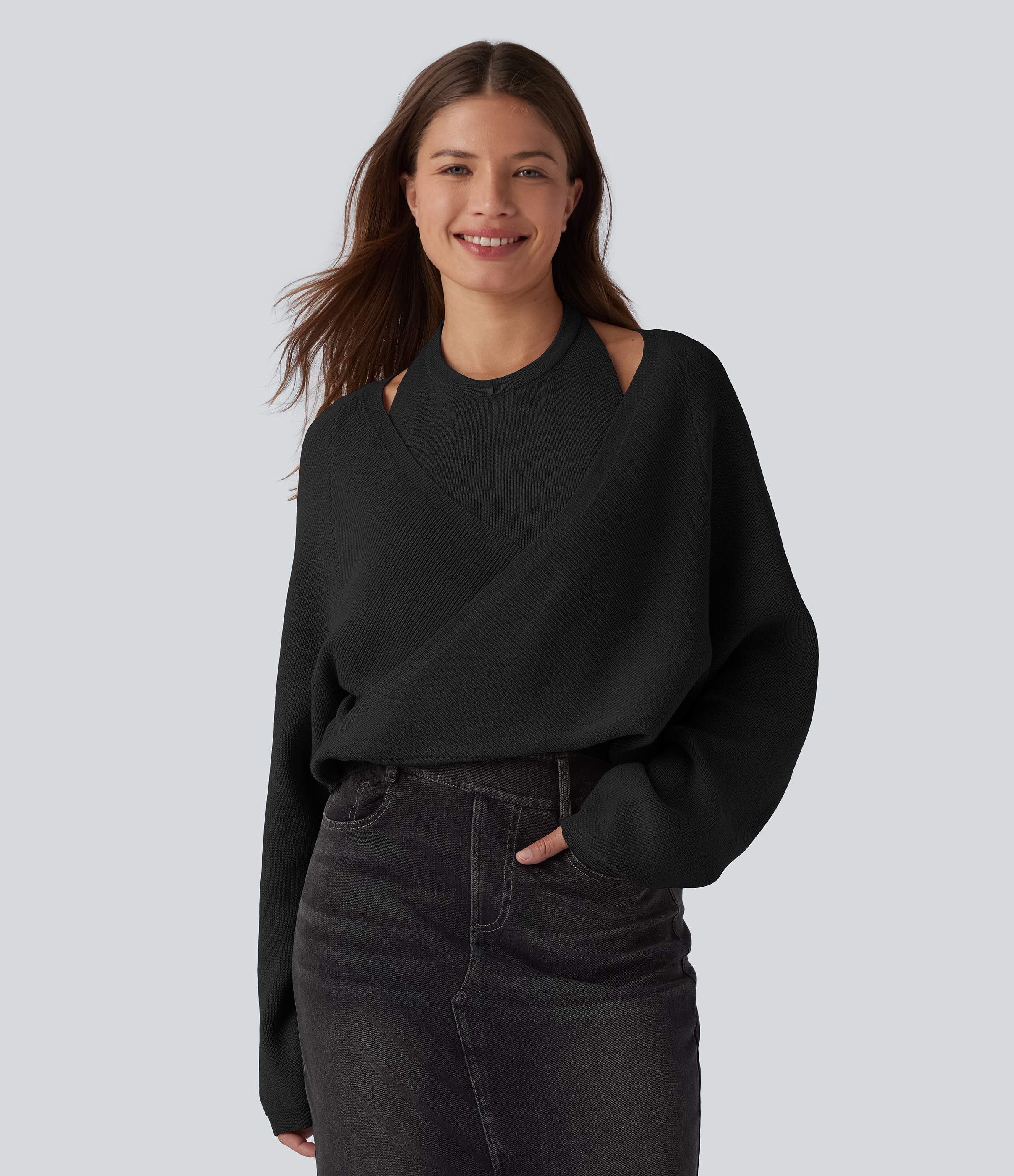 Halter Long Sleeve Wrap 2-in-1 Casual Jumper
