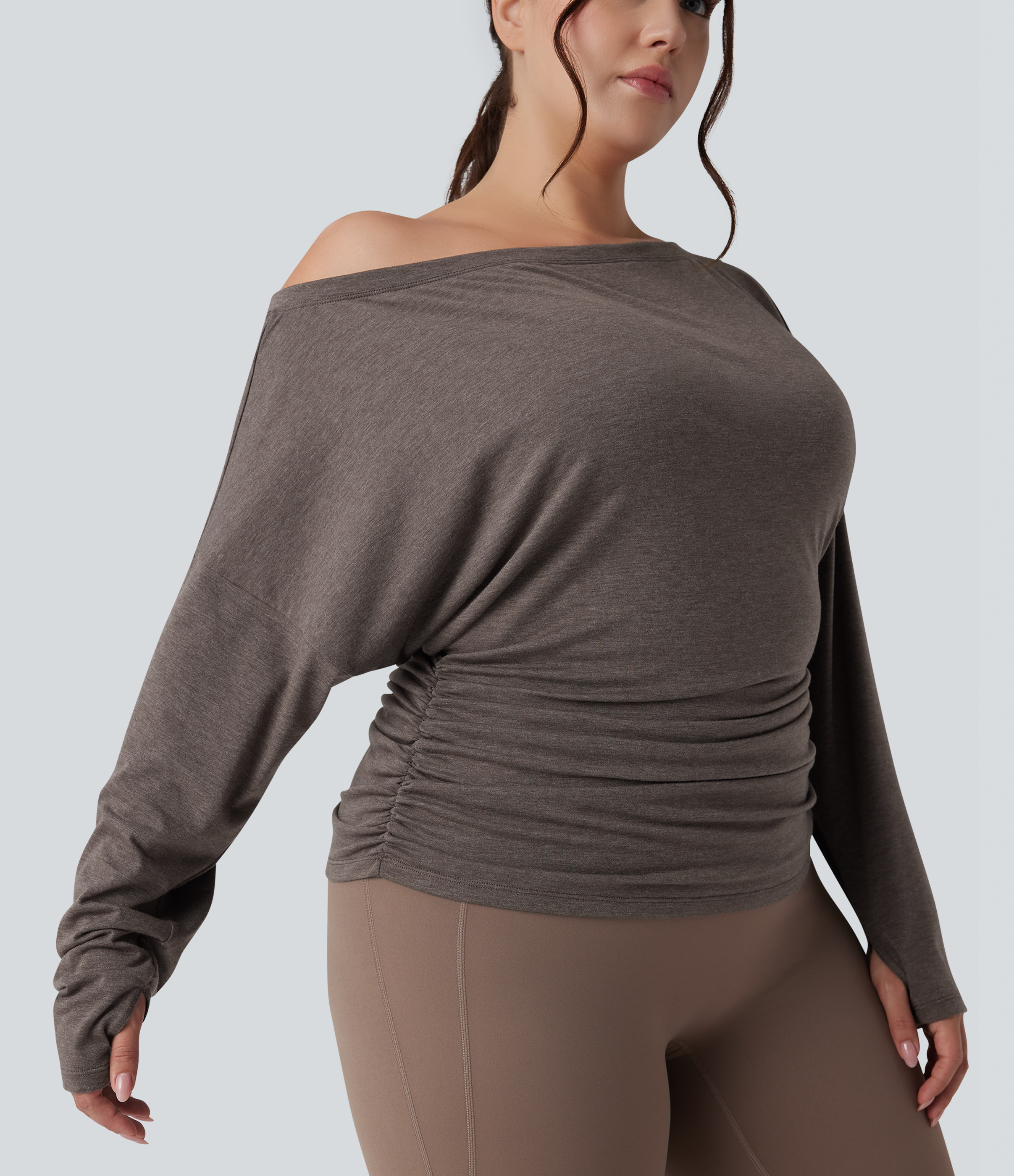 Women's Plus Size One Shoulder Long Sleeve Thumb Hole Ruched Yoga
