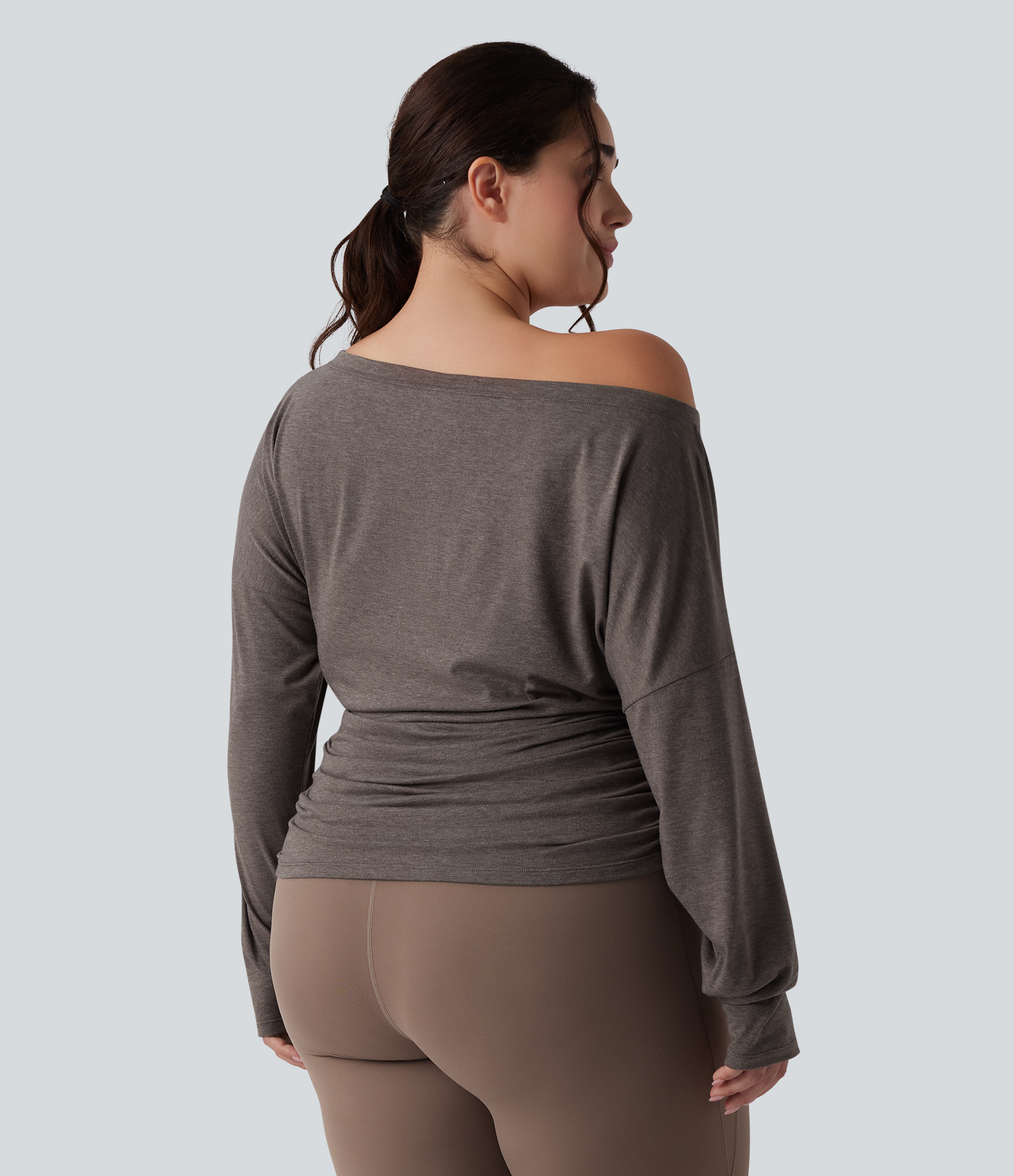 Chocolate Chip Plus Size One Shoulder Long Sleeve Thumb Hole Ruched Yoga Sports Top / 2