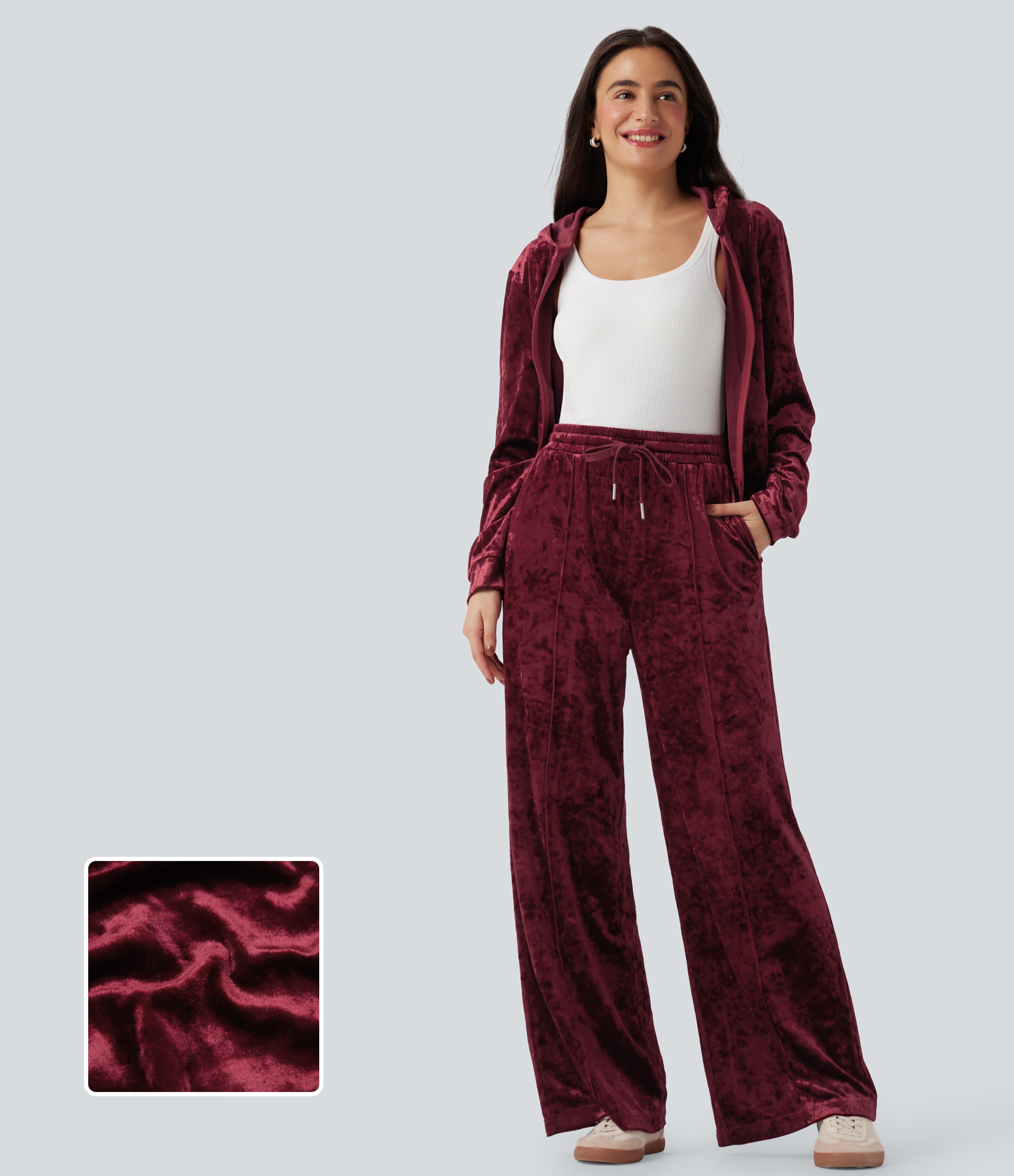 Burgundy Freizeithose aus Samt mit mittelhohem Bund, Seitentaschen, Kordelzug und weitem Bein / 1