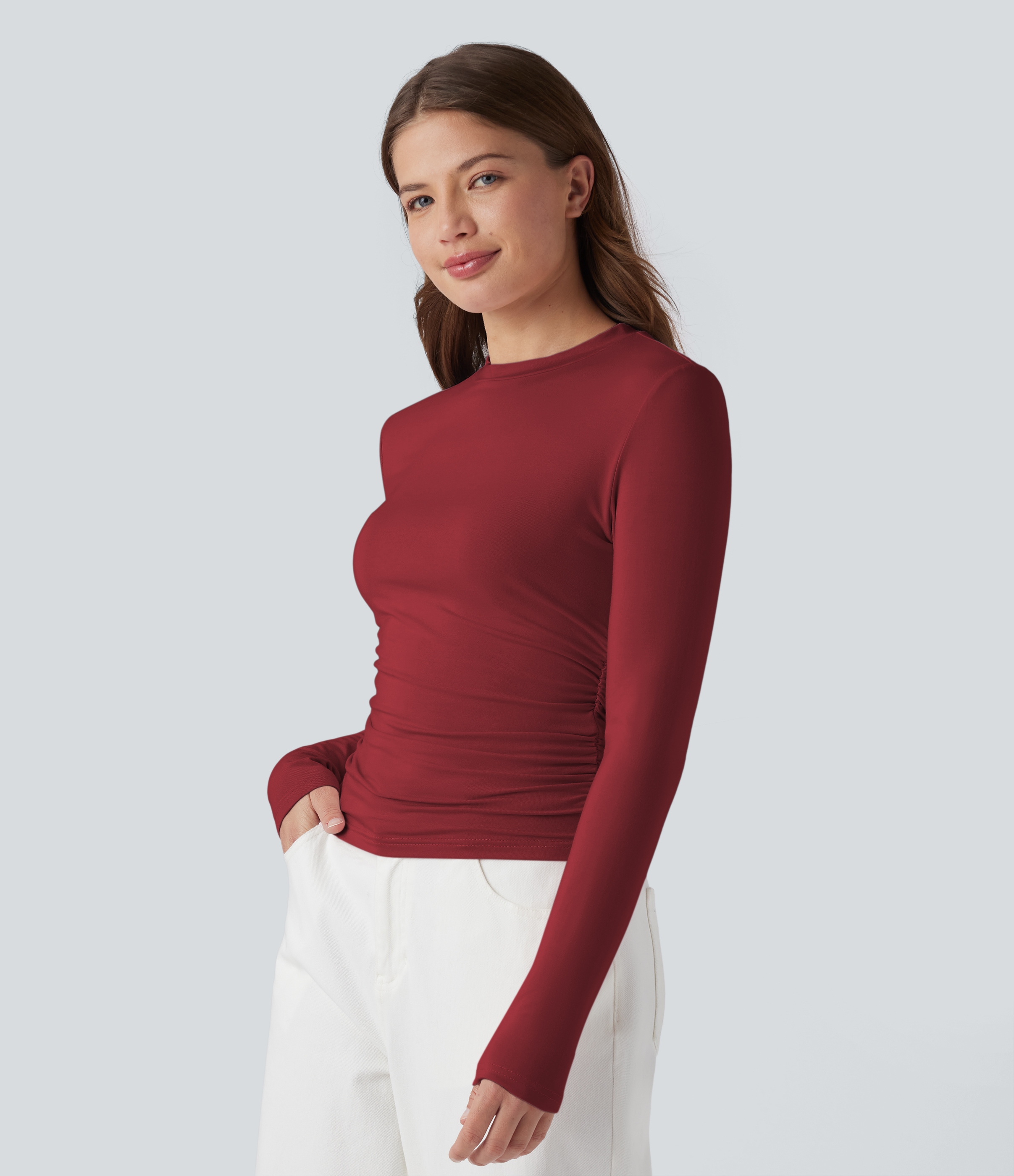 Round Neck Long Sleeve Ruched Casual Top